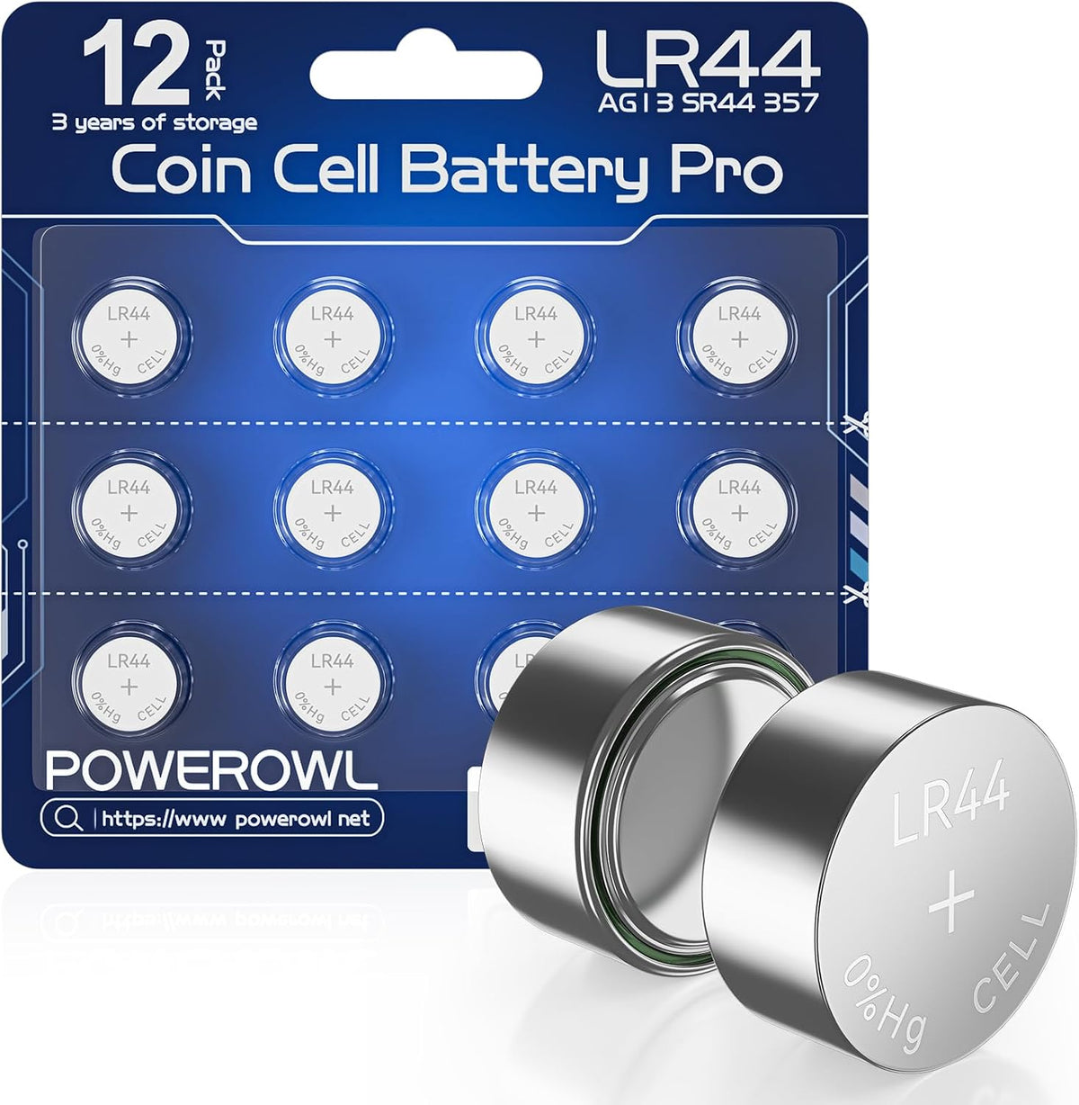 POWEROWL 12-Pack AG13/LR44 Alkaline Coin Batteries for Watches (Blue)