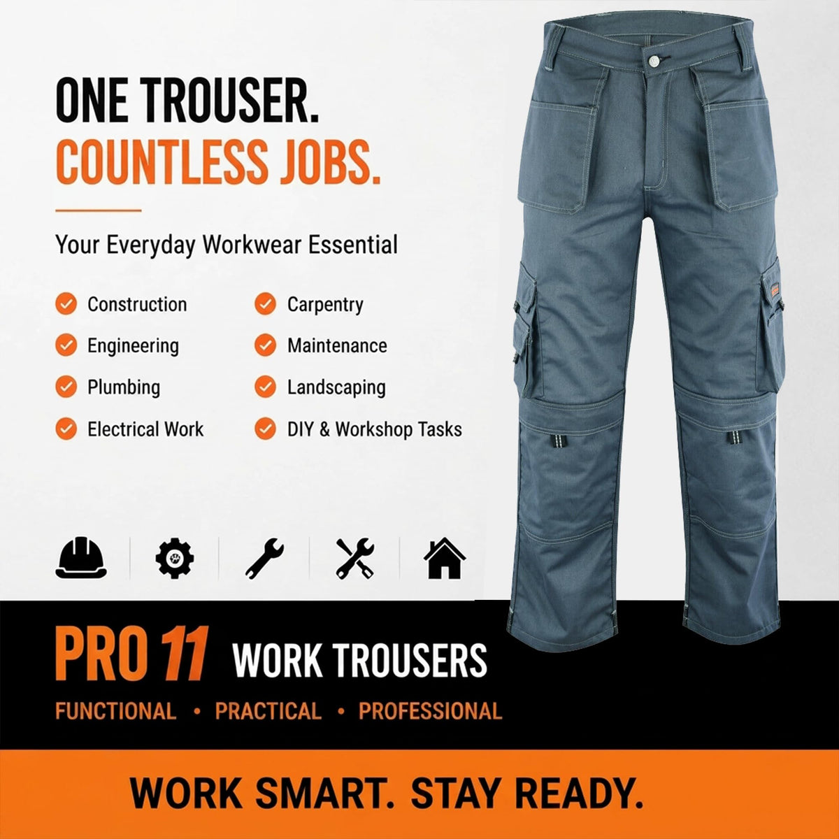 WrightFits Men Pro-11 Work Trousers Black - Heavy Duty Safety Combat Cargo Pant - Multi Pockets & Knee Pad Pockets - Triple Stitched -Durable Work wear (28W-48W)