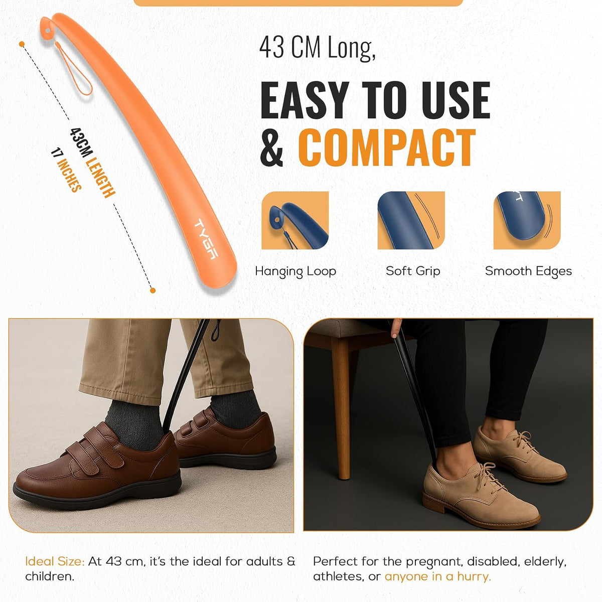 TYGA Shoe Horn Long Handled 43cm Long Shoe Horn-Plastic Shoehorn for Men, Women with Comfort Grip Long Shoe Horns-Flexible Extra Long Shoe Horn for Elderly