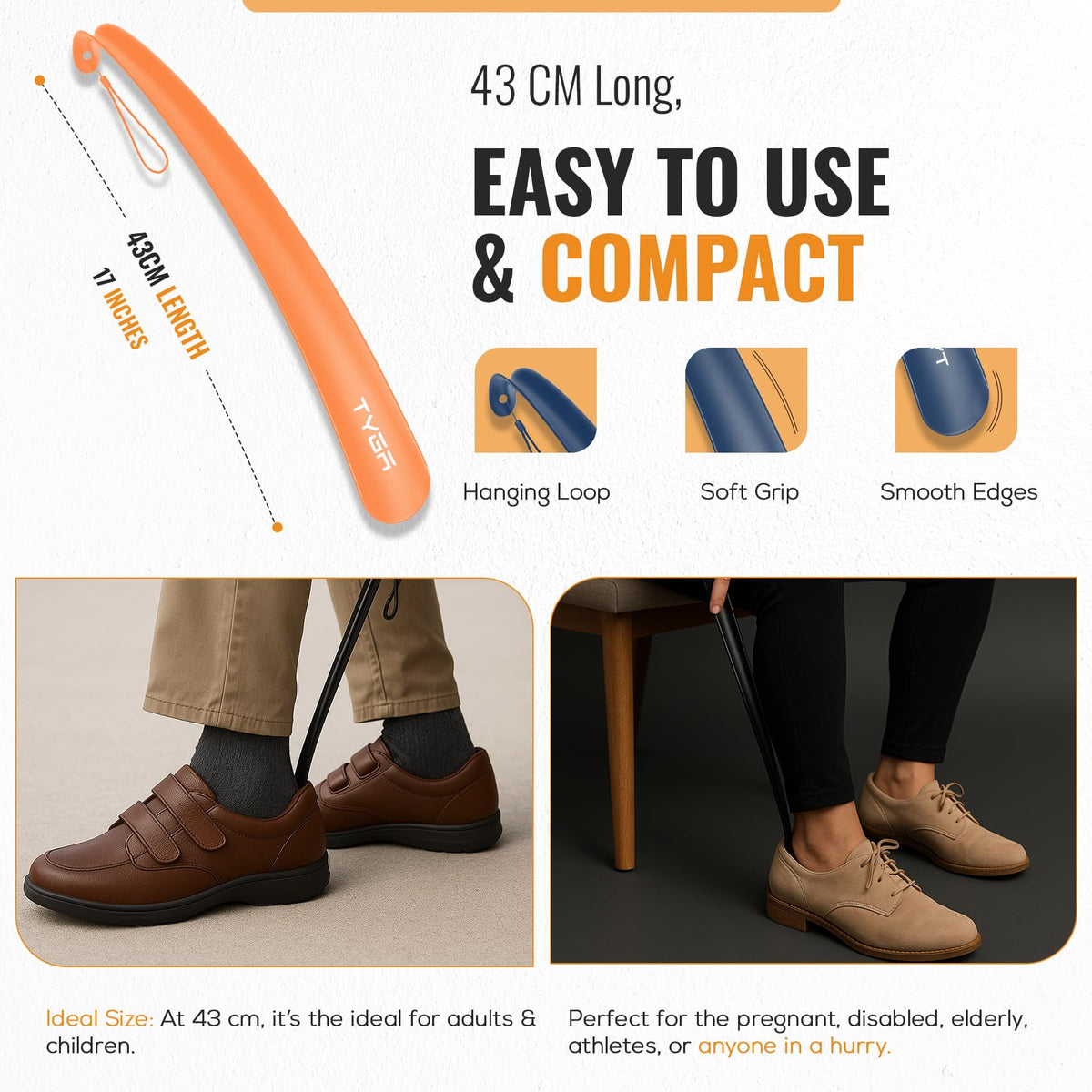 TYGA Shoe Horn Long Handled 43cm Long Shoe Horn-Plastic Shoehorn for Men, Women with Comfort Grip Long Shoe Horns-Flexible Extra Long Shoe Horn for Elderly