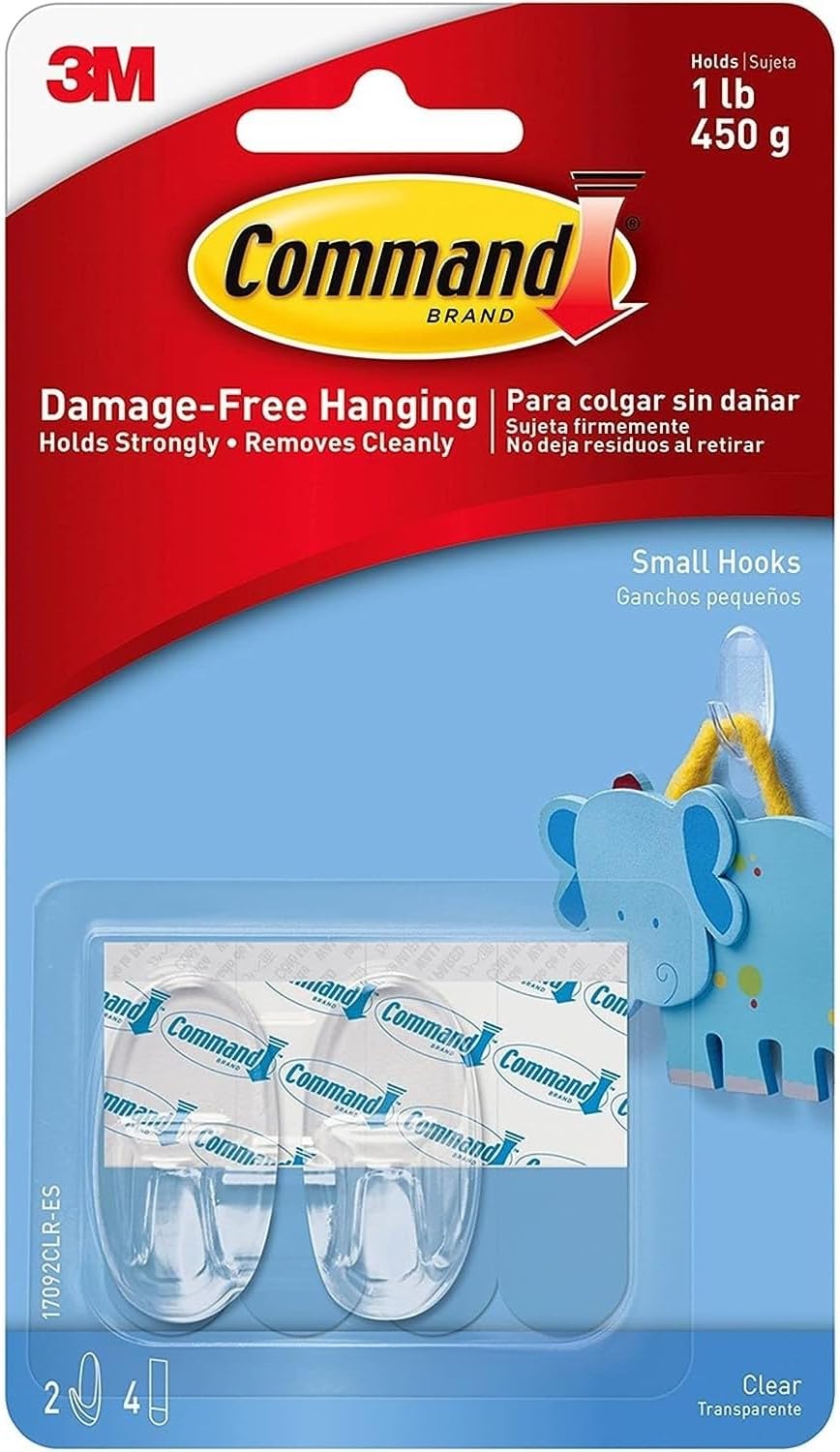 Command Small Hooks with Clear Strips, Pack of 2 Hooks + 4 Adhesive Strips, Transparent - Indoor Use - Suitable for Hanging Items up to 450 g - Damage Free Hanging