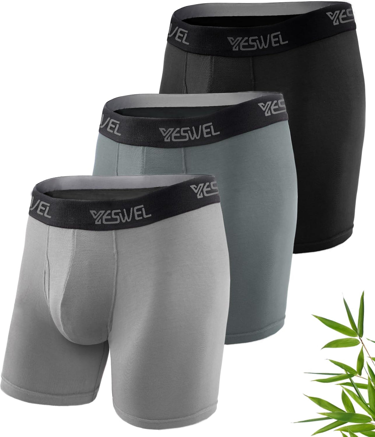 YESWEL Mens Bamboo Boxers, Longer Leg Boxer Shorts with Fly, Anti Chafing Underwear Trunks, No Itchy Labels Underpants (S-4XL)