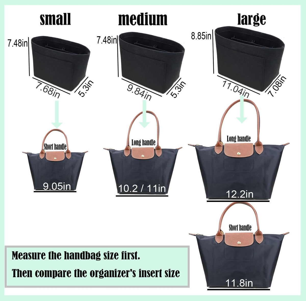 Lckaey tote bag organizer insert for Longchamp le pliage large tote insert felt purse zipper bag organizer 1028pink-S