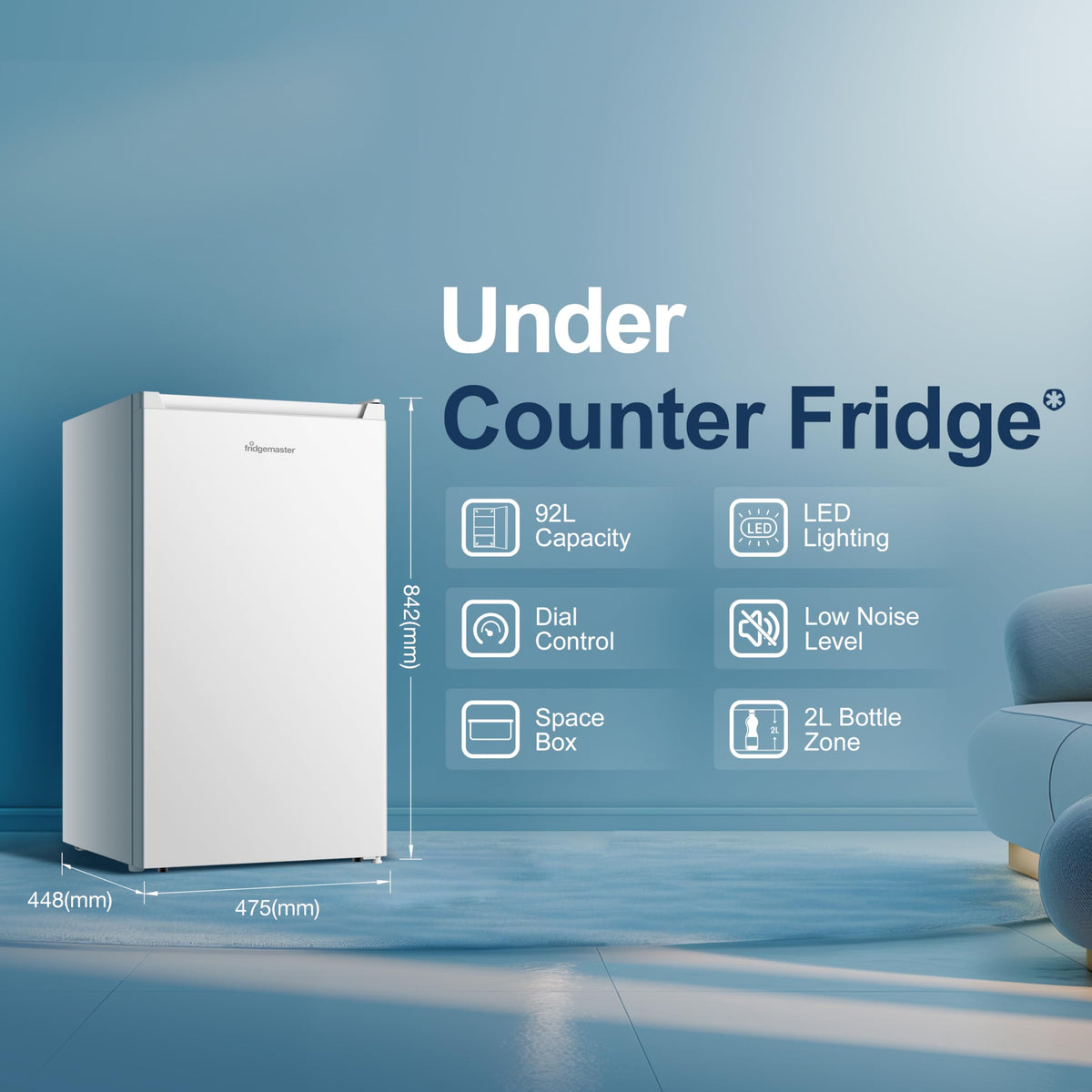 Fridgemaster 45L Table Top Mini Fridge MUR4545, 45cm Compact Refrigerator with Adjustable Thermostat, Reversible Door, 39dB Low Noise, White, Energy Class E