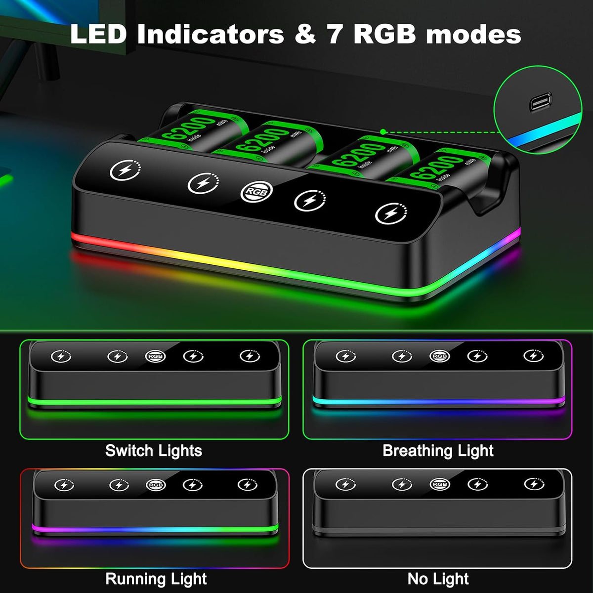 Rechargeable Battery Pack for Xbox One/Series Controller, 4x6200mWh Battery Pack with Charger/Cooling RGB/25H Playtime, Compatible with Xbox One/S/X/Elite 1, Series S/X Controller