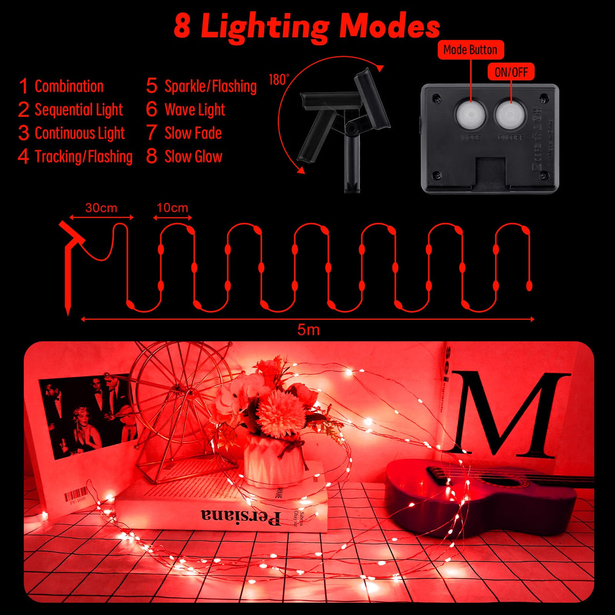 Gcstnn Garden Solar Lights Outdoor, 5M 50 LED Solar Fairy Lights, Copper Wire 8 Modes Waterproof String Lights for Yard, Christmas Tree, Bedroom, Gate, Indoor/Outside Decorations(Orange)