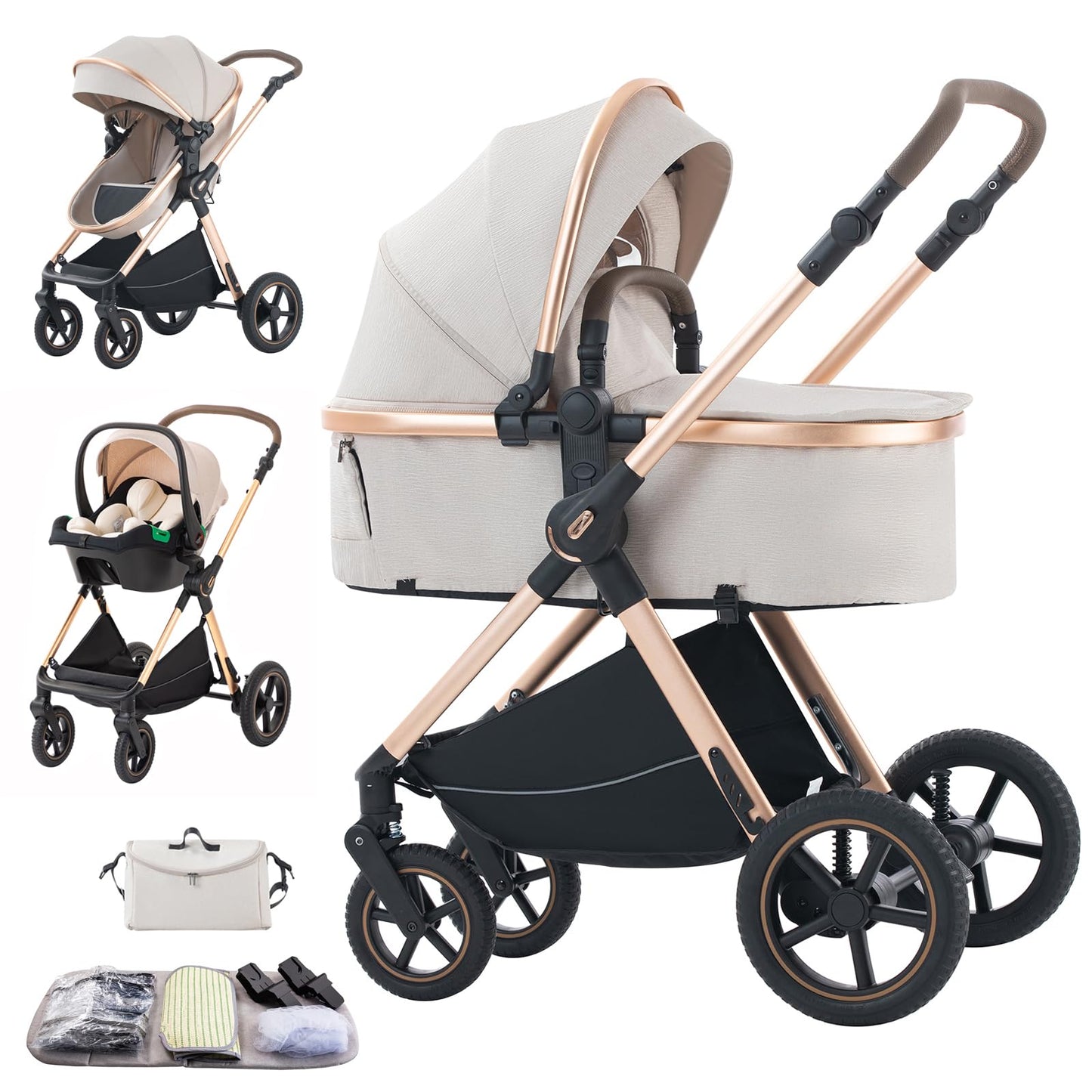 Stroller 3 in 1 Travel System Aluminium Frame High Landscape Combined Strollers Lightweight Folding Pram for Newborns Toddlers 0-36 Months from Birth Aluminium Pushchair (D2/Pink, H2-D)