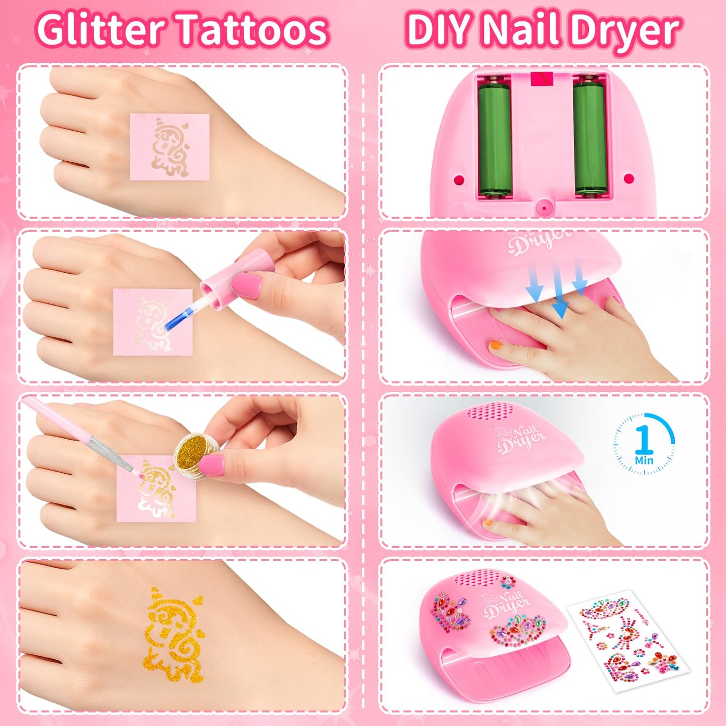 Hohosunlar Girls Makeup Set Kids Toys - Washable Non-toxic Kids Make Up w/ Nail Polish Dryer, Princess Accessories Nail Varnish Set, Christmas Birthday Gift Toys for Girls 3 4 5 6 7 8-12 Years Old