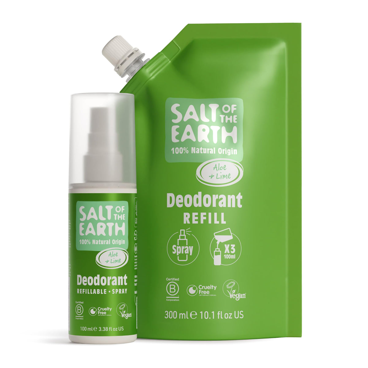 Salt of the Earth – Refillable Natural Deodorant Spray (3 Pack) – 100% Natural Origin Ingredients - Vegan, Long Lasting Protection – Suitable For Women, Men & Kids - 300ml (Unscented)