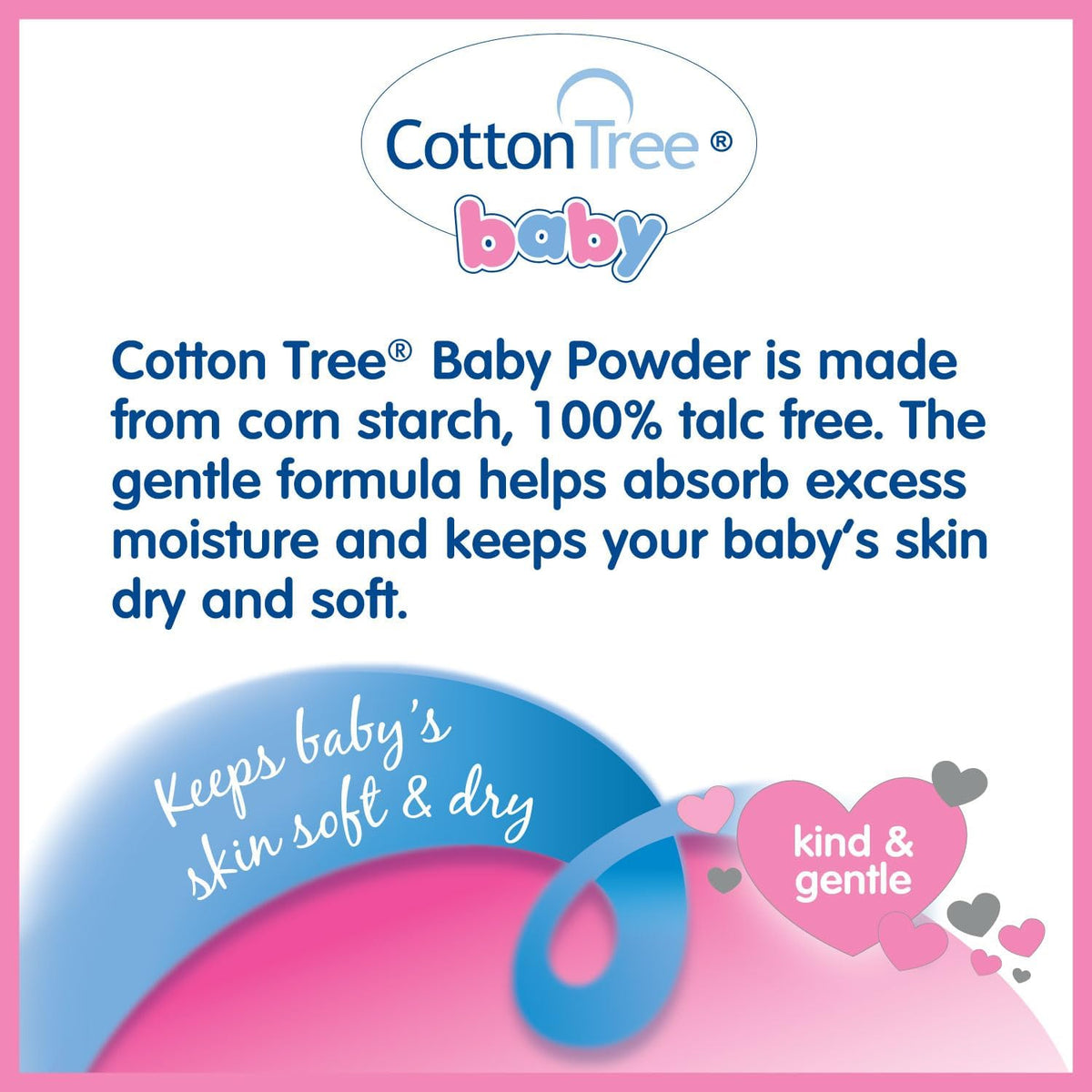 Cotton Tree Baby Powder - 100% Talc Free | Keeps Babies Skin Soft & Dry - Use After Nappy Changes or Bathtime | Kind & Gentle - Contains Vitamin E (White, 280g)