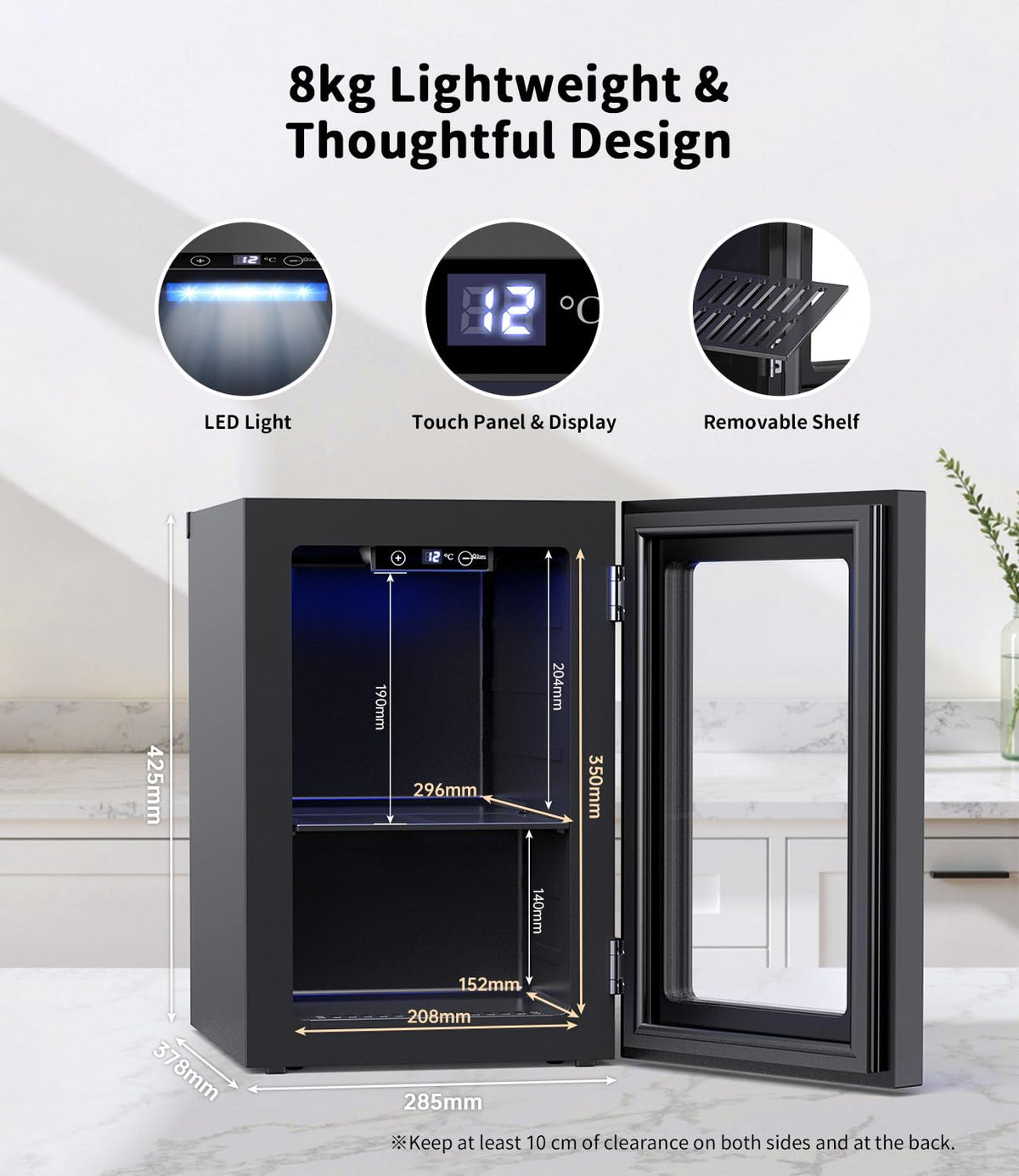 WIE 48L Drinks Fridge with Glass Door, Beer Fridge for 68 Cans or 12 Wine Bottles, Mini Fridge 4-16°C Touch Control, Quiet Beverage Refrigerators with LED Light, Reversible Door for Home, Bar, Office