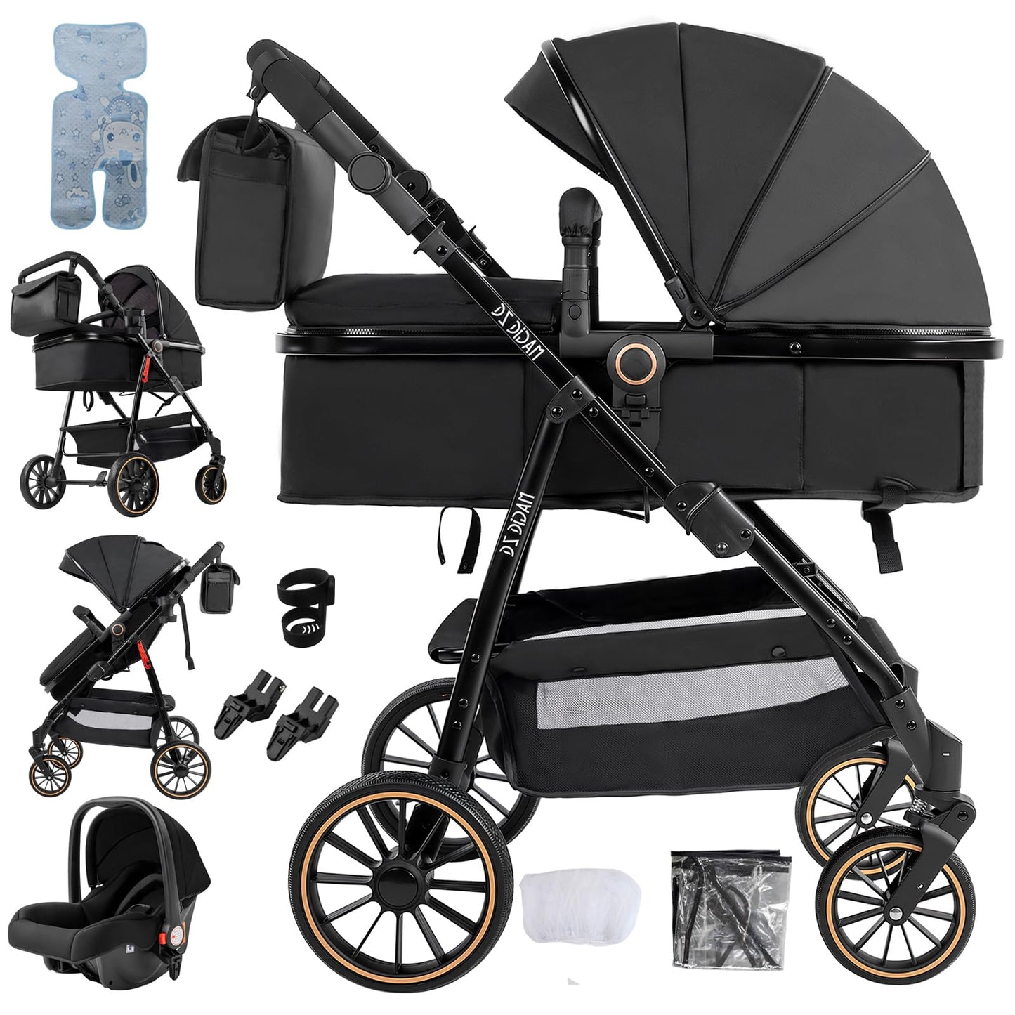 PU Leather 3 in 1 Pushchair Travel System, Toddler Stroller, Baby Pram 3 in 1, Infant Carriage with One-Click Folding, Newborn Buggy with Aluminum Frame (V6 Black)