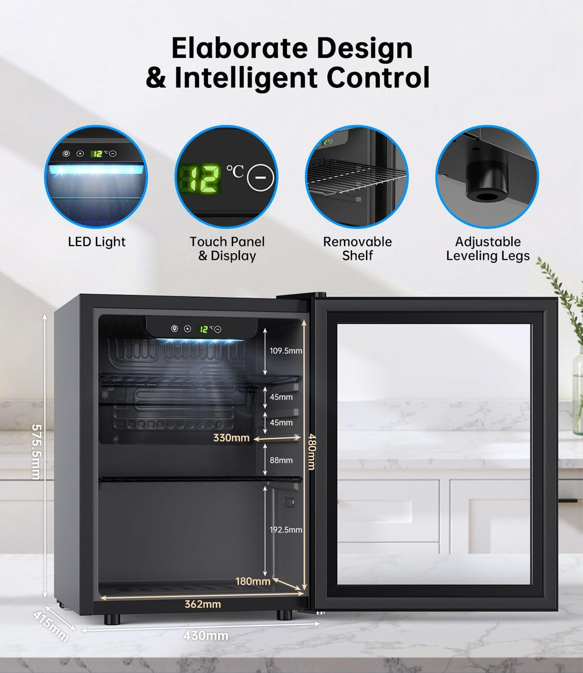 WIE 48L Drinks Fridge with Glass Door, Beer Fridge for 68 Cans or 12 Wine Bottles, Mini Fridge 4-16°C Touch Control, Quiet Beverage Refrigerators with LED Light, Reversible Door for Home, Bar, Office