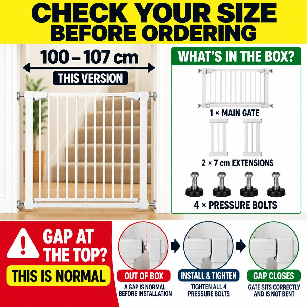 For Your Little One Pressure Fit Safety Stair Gate – 100–107 cm – 2 x 7 cm Extensions Included – No Screws Needed | One-Hand Opening | Baby & Pet Gate for Stairs & Doorways, Grey