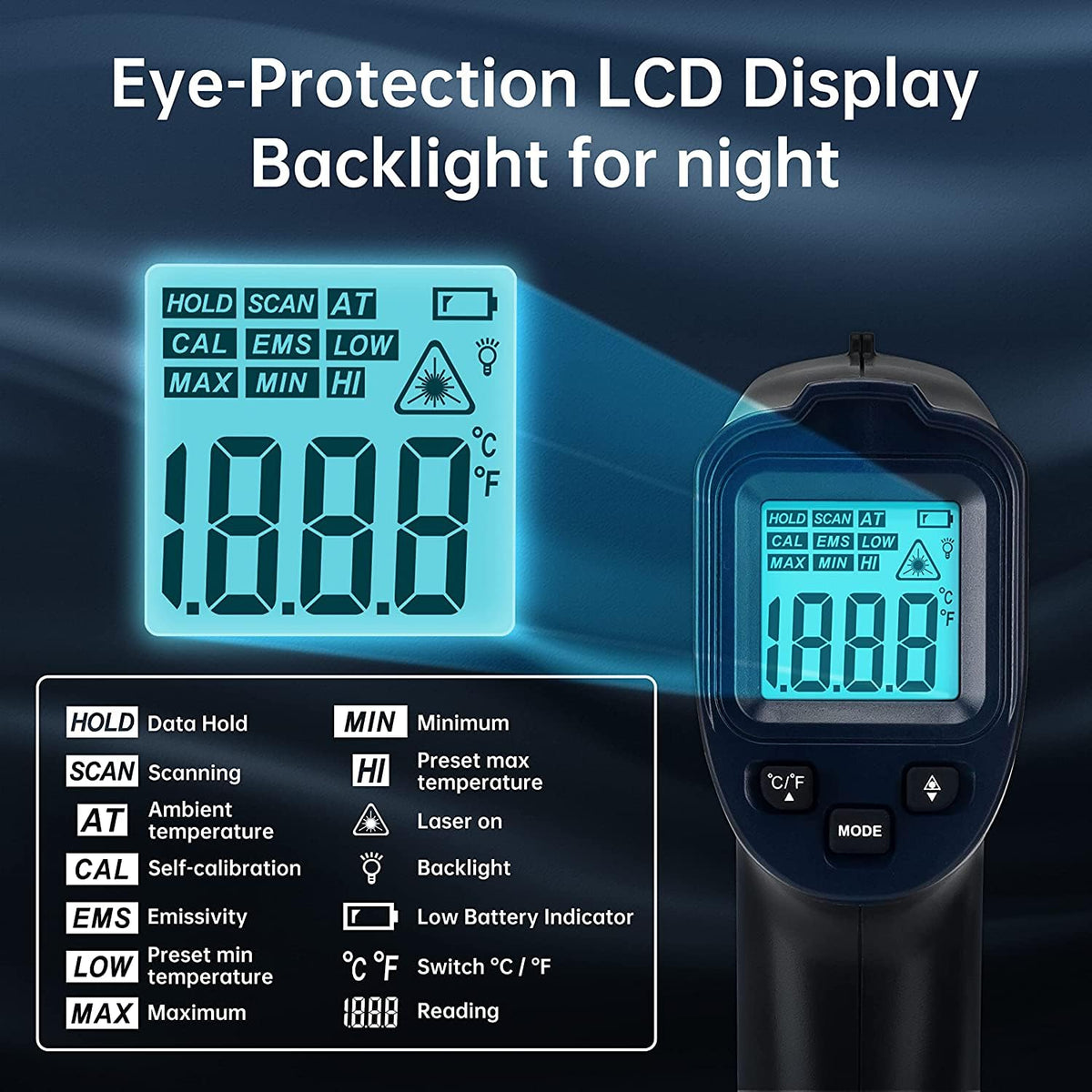 ERICKHILL Infrared Thermometer -50℃~550℃ With -50~260℃ Meat Thermometer, Non-Contact Laser Thermometer Gun LCD Backlit Digital Display Adjustable Emissivity - for Vehicle Repair/Cooking/BBQ/Freezer