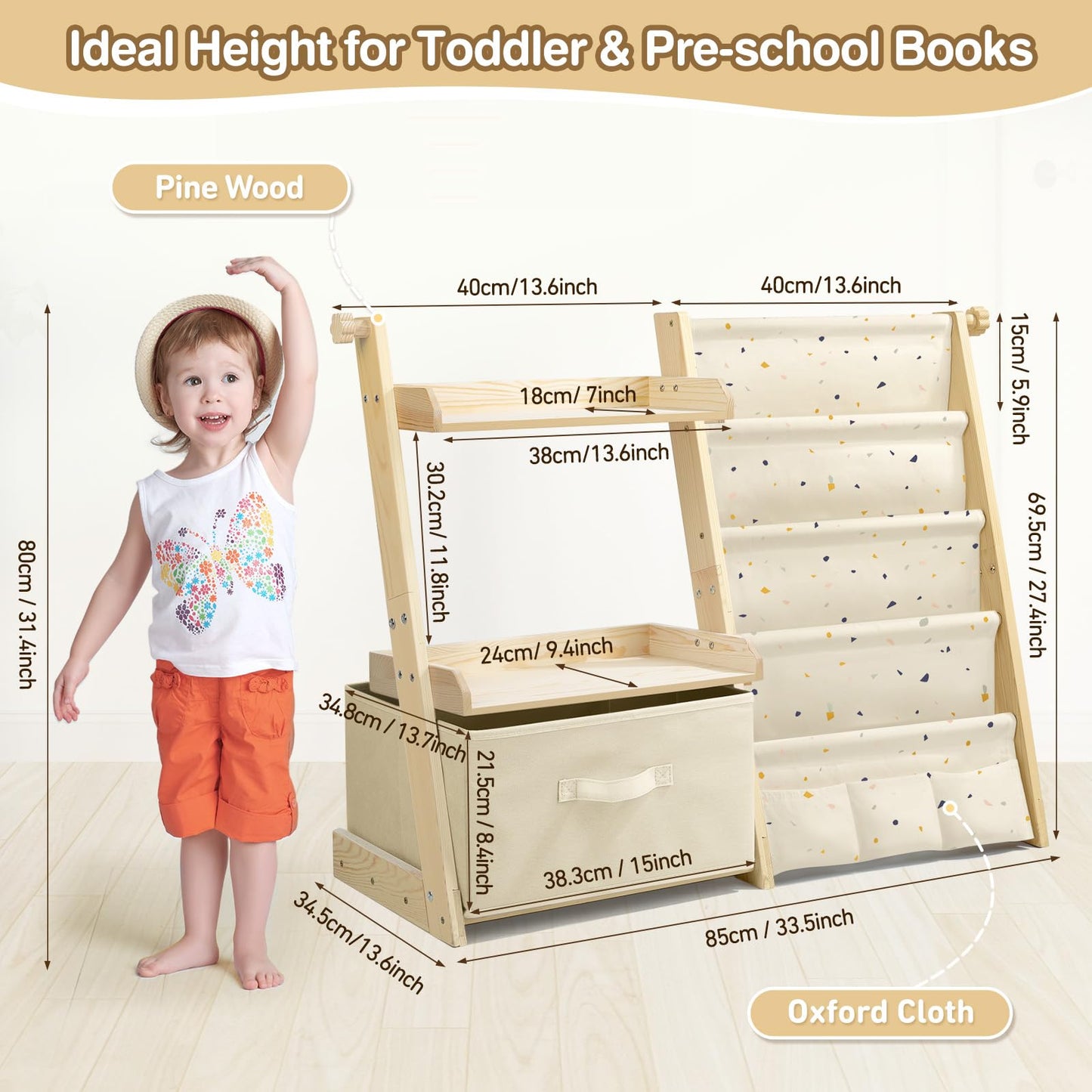 Kids Bookshelf and Toy Storage, Montessori Wooden Children Bookcase and Toy Organizer, 4-tier Toddler Sling Book Shelf with a Large Storage Box for Nursery, Bedroom, Playroom (Terrazzo)