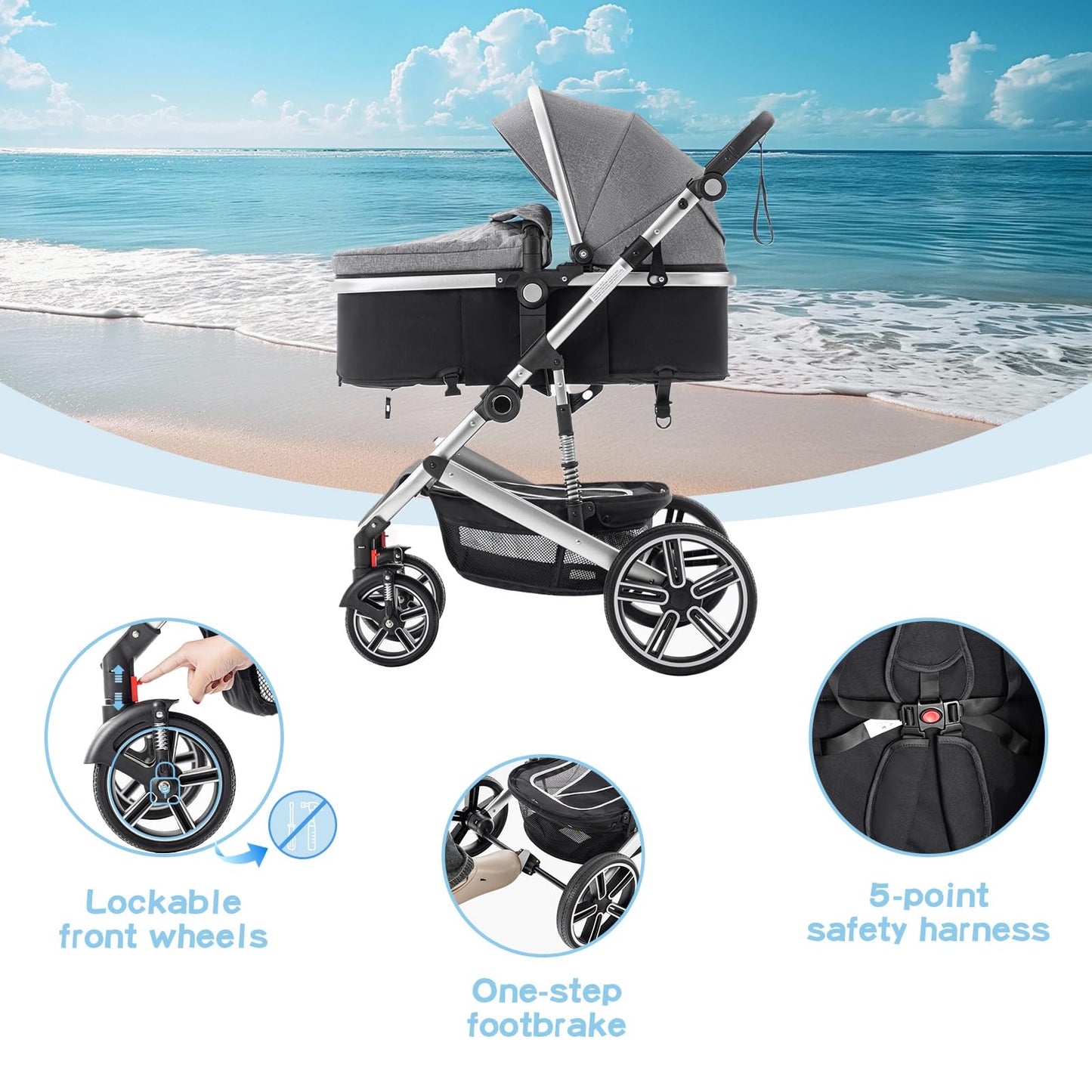Baby Stroller 3 in 1,Travel Pushchair's Lie-Flat Pram is Foldable, Stroller System Handle is Adjustable, The Wheels are Made of PU Material, Suitable for 0-3 Years-Khaki