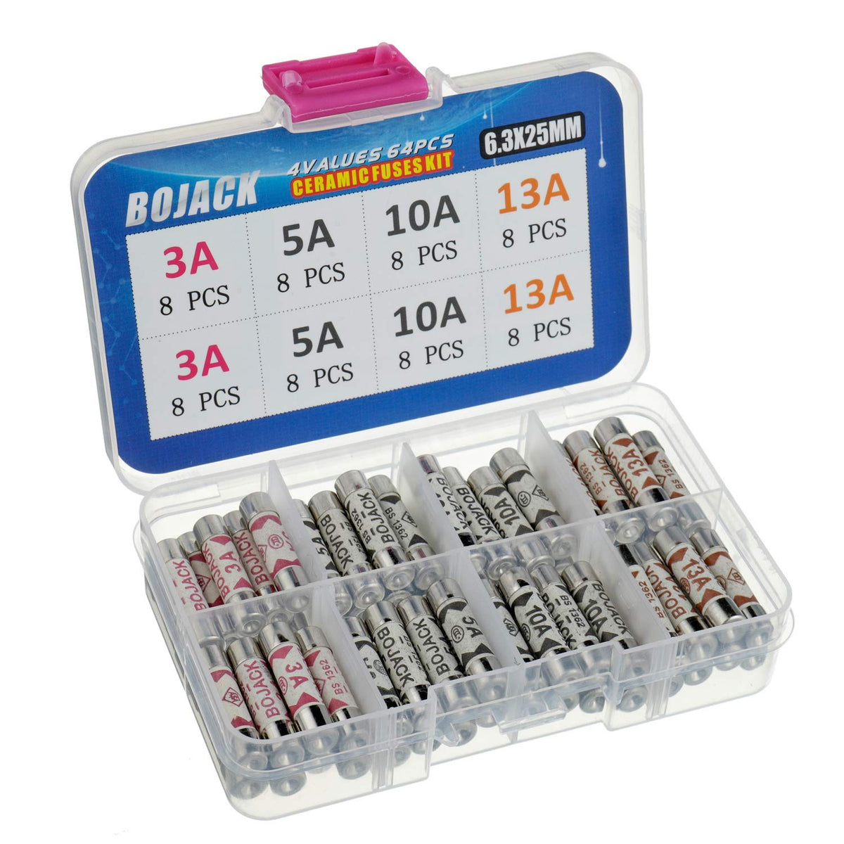 BOJACK 3 Values 42 pcs 3 5 13 A amp 240 V Volt Household Mains Plug Fuse 6.3x25 mm 0.25x1Inch BS1362 Ceramic Tube Cartridge Fuses Assortment Kit packag in a Clear Plastic Box