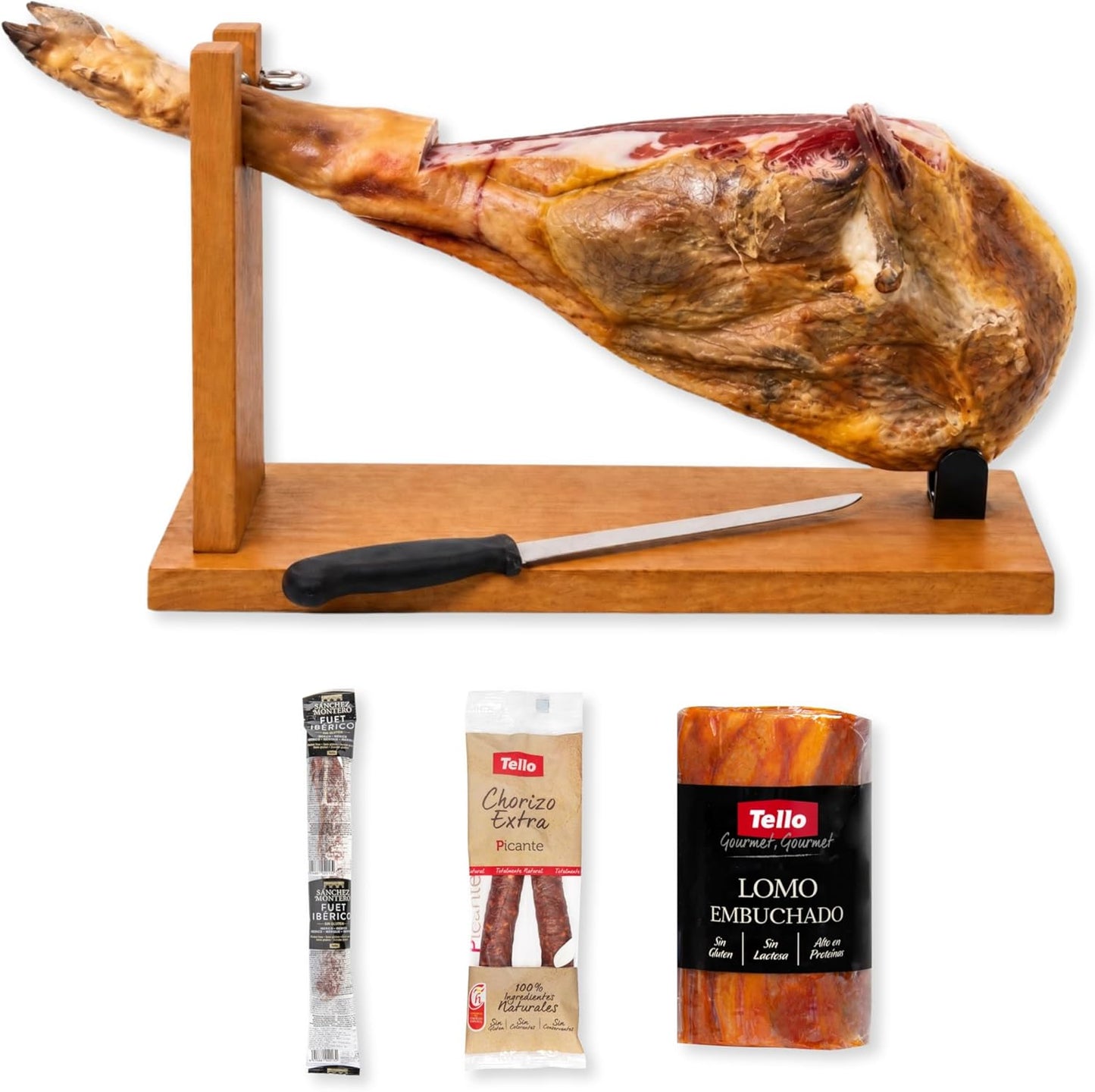 Montevalle Gran Reserva Serrano Ham Whole Leg | 7-8kg Slow Cured for 20 Months | Professional Set with Stand and Knife | Gourmet Gift Hamper Including Chorizo, Lomo, and Fuet for Spanish Tapas