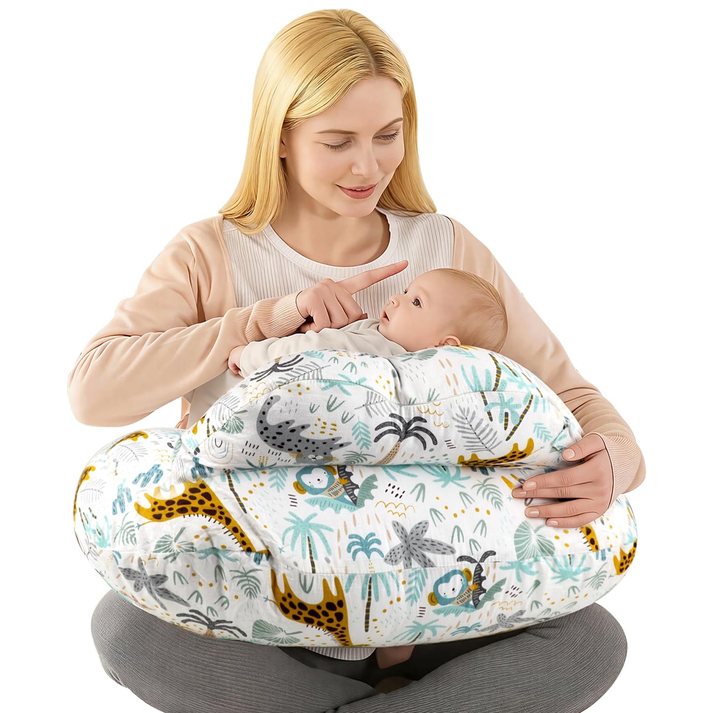 Labtec Nursing Pillow for Breastfeeding Baby, Multifunctional Breast Feeding Pillow with Adjustable Waist Strap and Safety Fence, 100% Cotton Removable Pillowcase, Forest Friends
