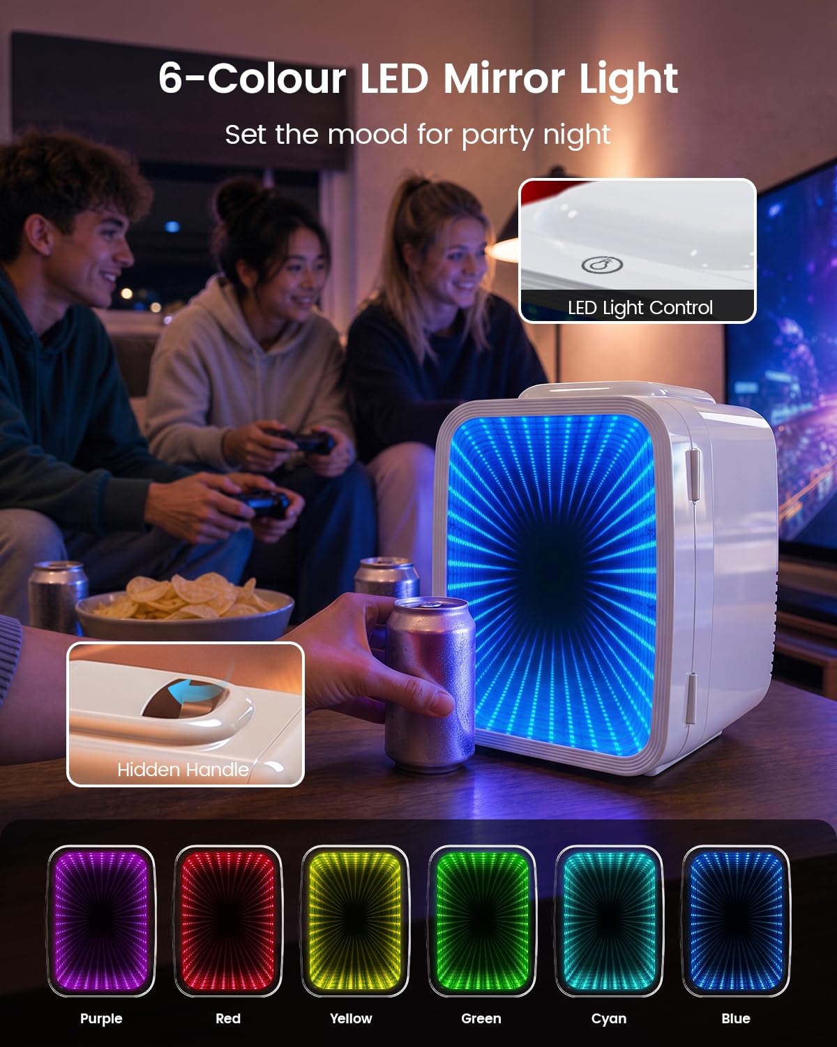 Mini Fridge, 4 Litre/6 Can Small Fridge with Dimmable LED Light, AC/DC Portable Mini Cooler and Warmer, Gaming Fridge for Bedroom, Office, Games Room and Car Great Gift for Teens