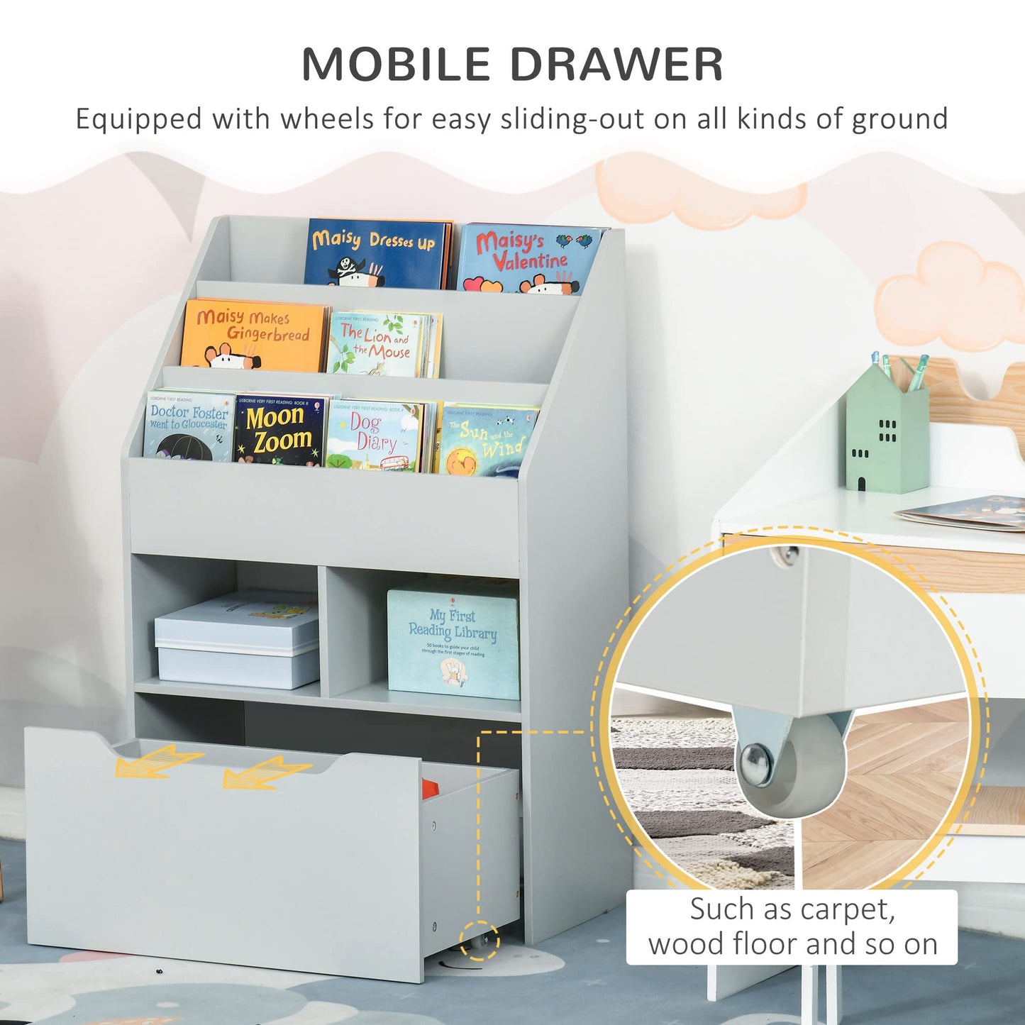 HOMCOM Kids Bookshelf with Moveable Drawer, Montessori-Inspired Children's Bookcase with Wheels, Toy Organiser for Bedroom, Playroom - White