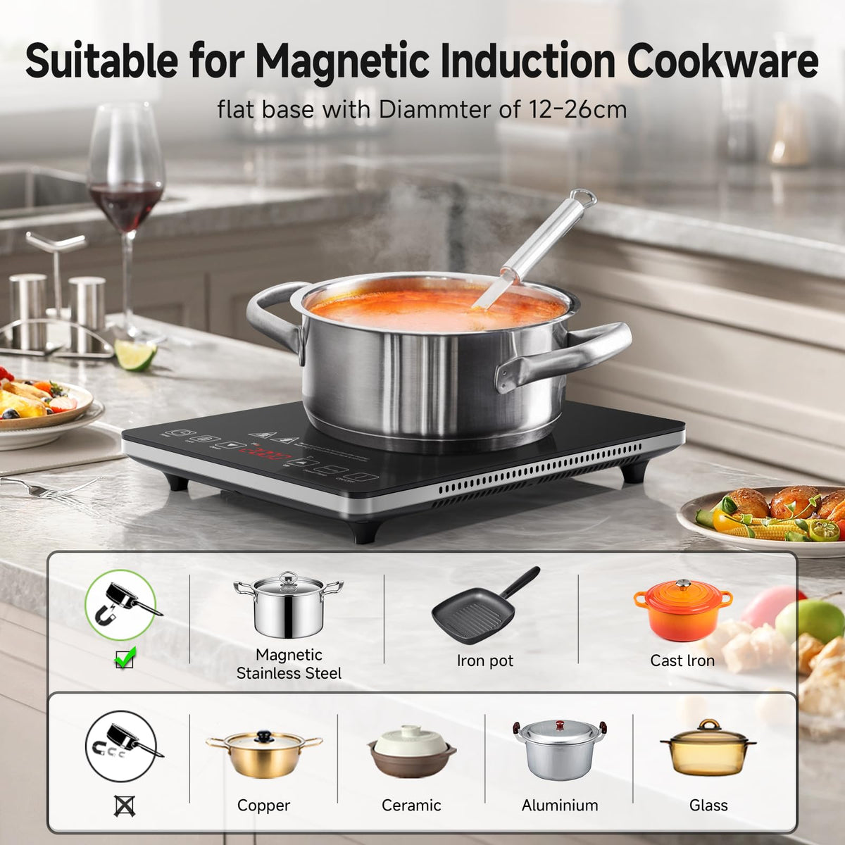 AMZCHEF Single Induction Cooker, Ultra-thin Induction Hob with Fashion Look, 20-level Power and Temperature Control, Black Frosted Glass Panel, Touch Sensor, 3-hour Timer, Safety Lock