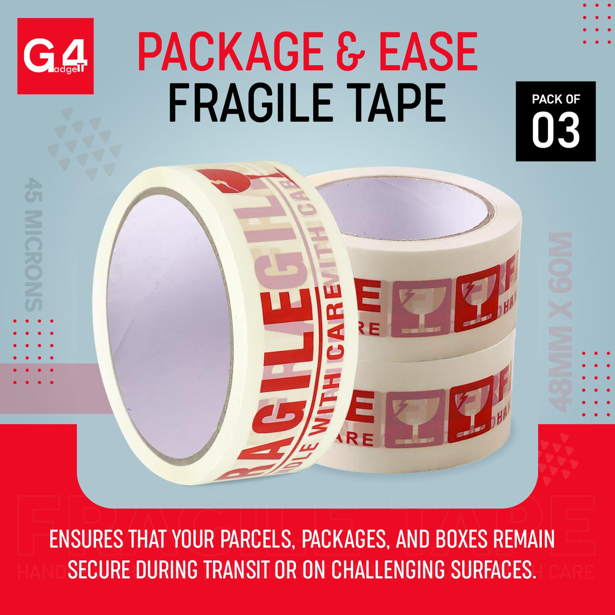 G4GADGET Pack of 3 Clear Packing Tape - Heavy Duty Transparent Tape 48mm x 66m - Ideal for Moving, Packing Boxes, and Secure Packaging