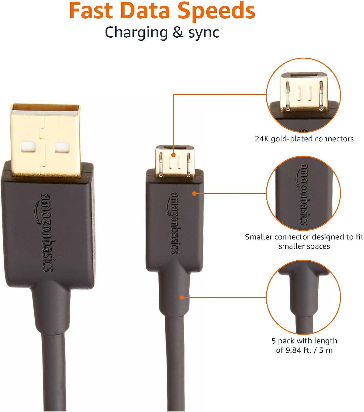 Amazon Basics 5-Pack USB-A to Micro USB Charging Cable, 480Mbps Transfer Speed with Gold-Plated Plugs, USB 2.0, 3 m, Black