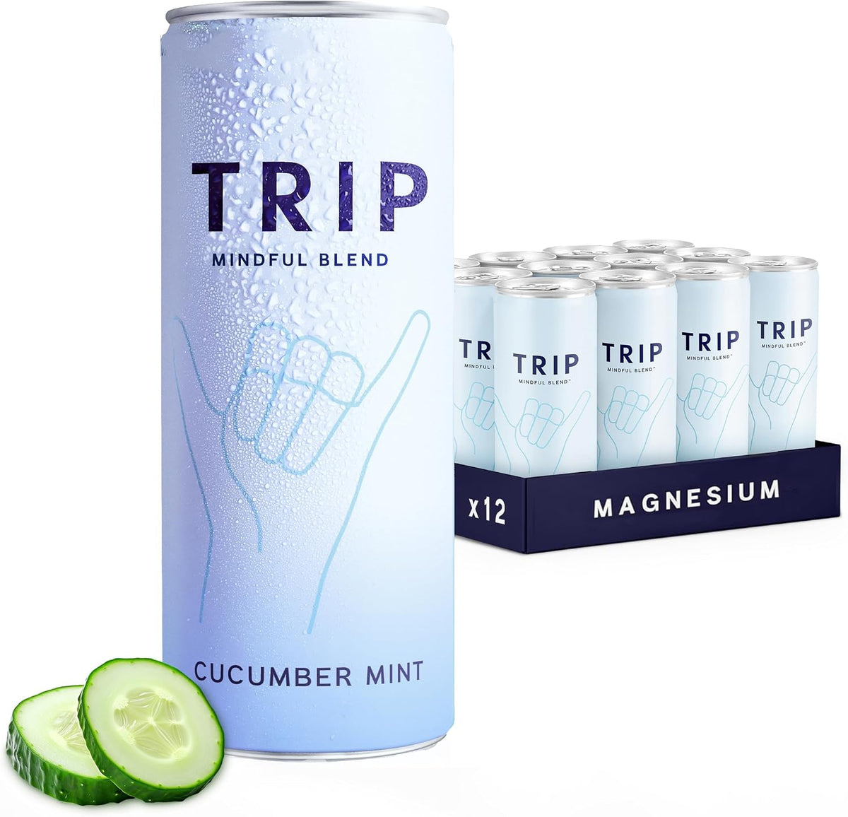 TRIP Cucumber Mint Sparkling drink with 120MG calming Magnesium + Lion’s Mane + Chamomile + Lemon Balm. Low Calorie and Vegan (Pack of 12 x 250ml) - Packaging Might Vary