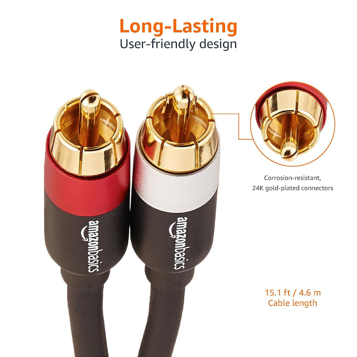Amazon Basics 2 RCA Audio Cable for Amplifier,Active Speakers or Subwoofer with Gold-Plated Plugs, 4.6 m, Black