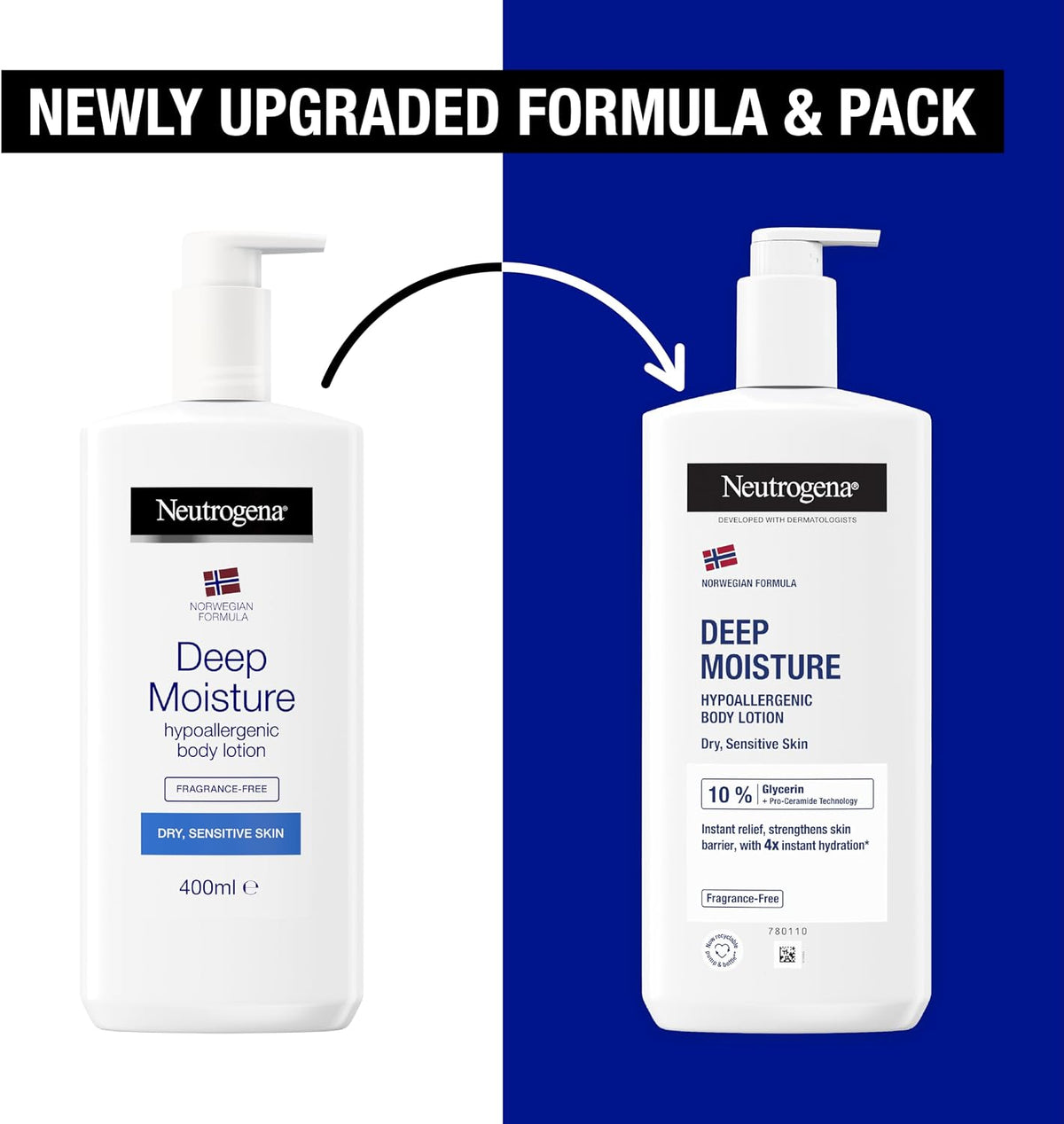 Neutrogena Norwegian Formula Deep Moisture Body Lotion (1x 400ml), Fragrance-Free Moisturiser for Sensitive and Dry Skin, Provides 48-Hour Moisturisation
