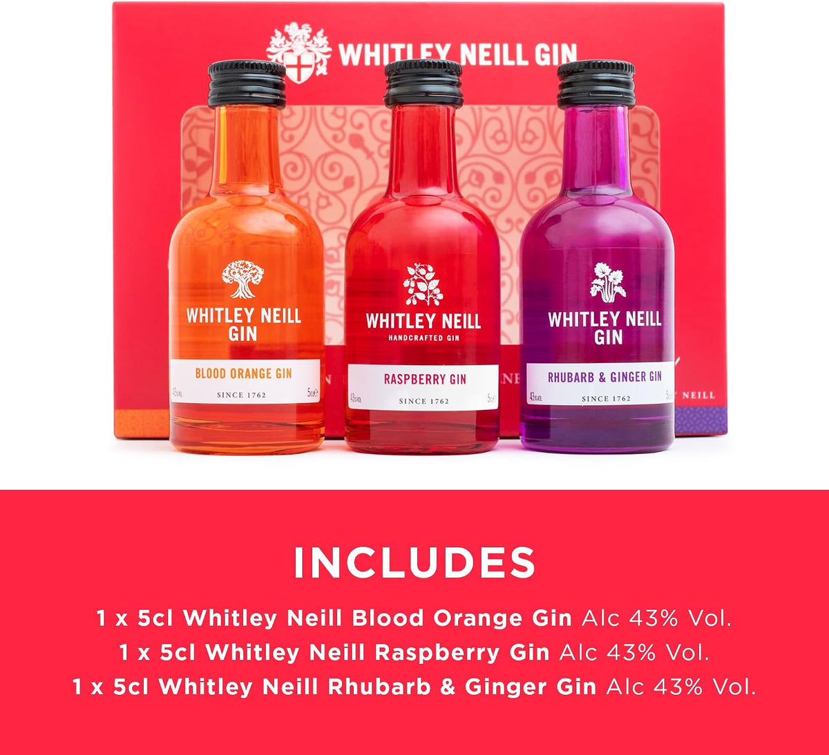 Whitley Neill Gin Gift Set, Blood Orange, Raspberry, Rhubarb, 3 x 5 cl