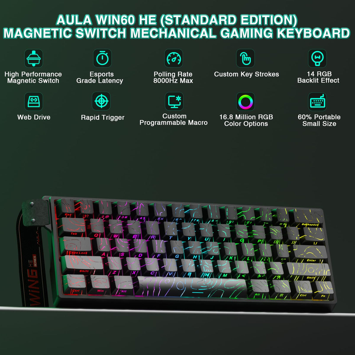 AULA WIN60 HE Mechanical Gaming Keyboard Wired,Hall Effect Magnetic Switches,Adjustable Actuation Rapid Trigger,8K Polling Rate,RGB Backlight,60% Percent Keyboard for Mac/Win (BLACK) (Pack of 2)
