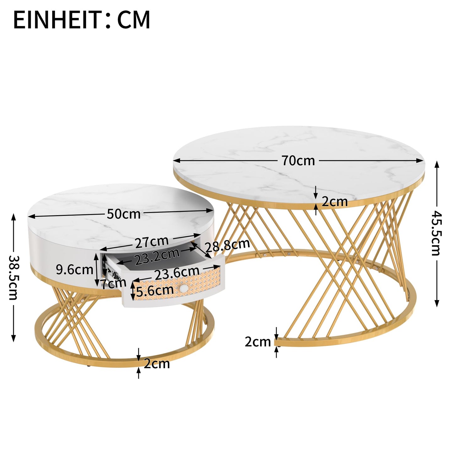 ModernLuxe 2-in-1 Coffee Table, Multi-functional Side Table with Marble Grain Veneer Top, Rattan Drawers, Solid Wood Handles, Gold Coloured Iron Legs, Round Nest of Tables for Living Room, Black