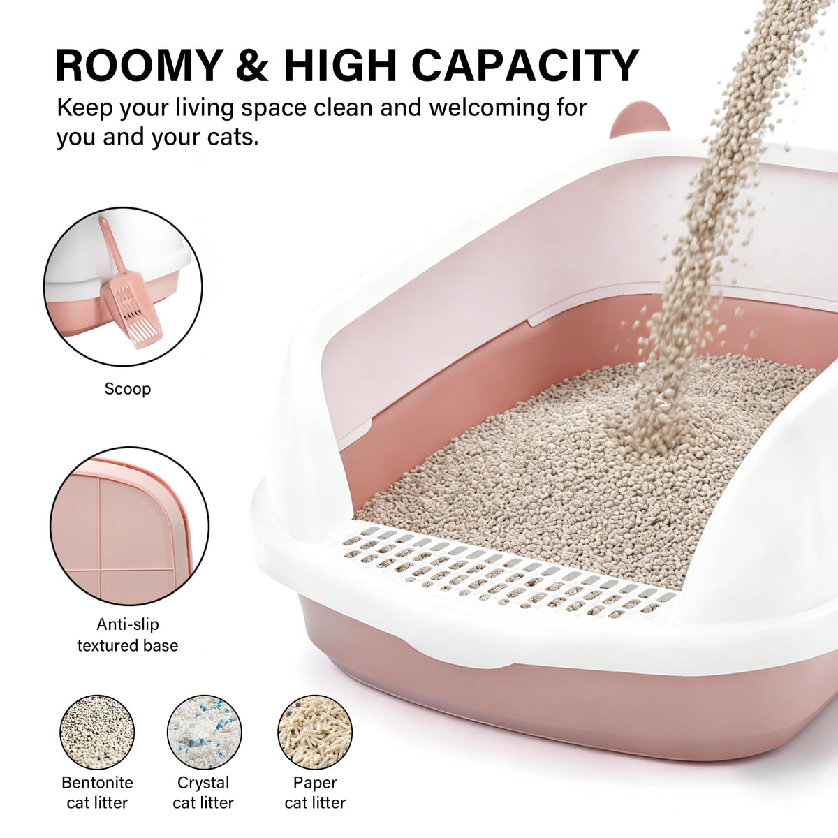 Cat Litter Tray Box, Litter Box, Plastic Cat Open Top Litter Tray with Free Scoop Kitten Detachable Rim Easy Cleaning,49 x 38 x 23cm (Grey)