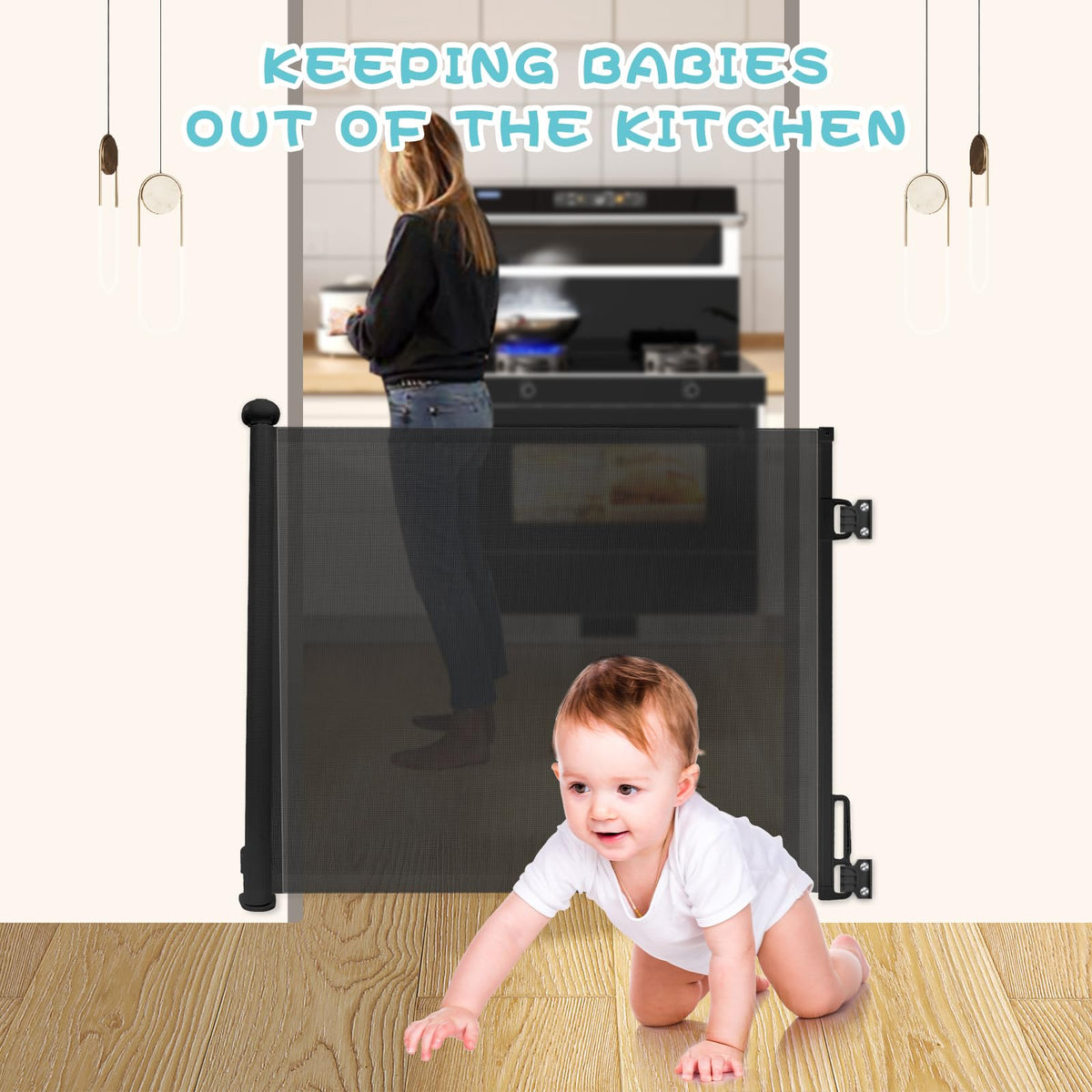 Rainberg Retractable Stair Gate for Baby & Pet with Secure 2-Step Lock 150cm Wide & 80cm Tall, One Hand Operated Baby Gate, Child Safety Gate for Doorways Stairs, Hallways, Kitchen (Grey)