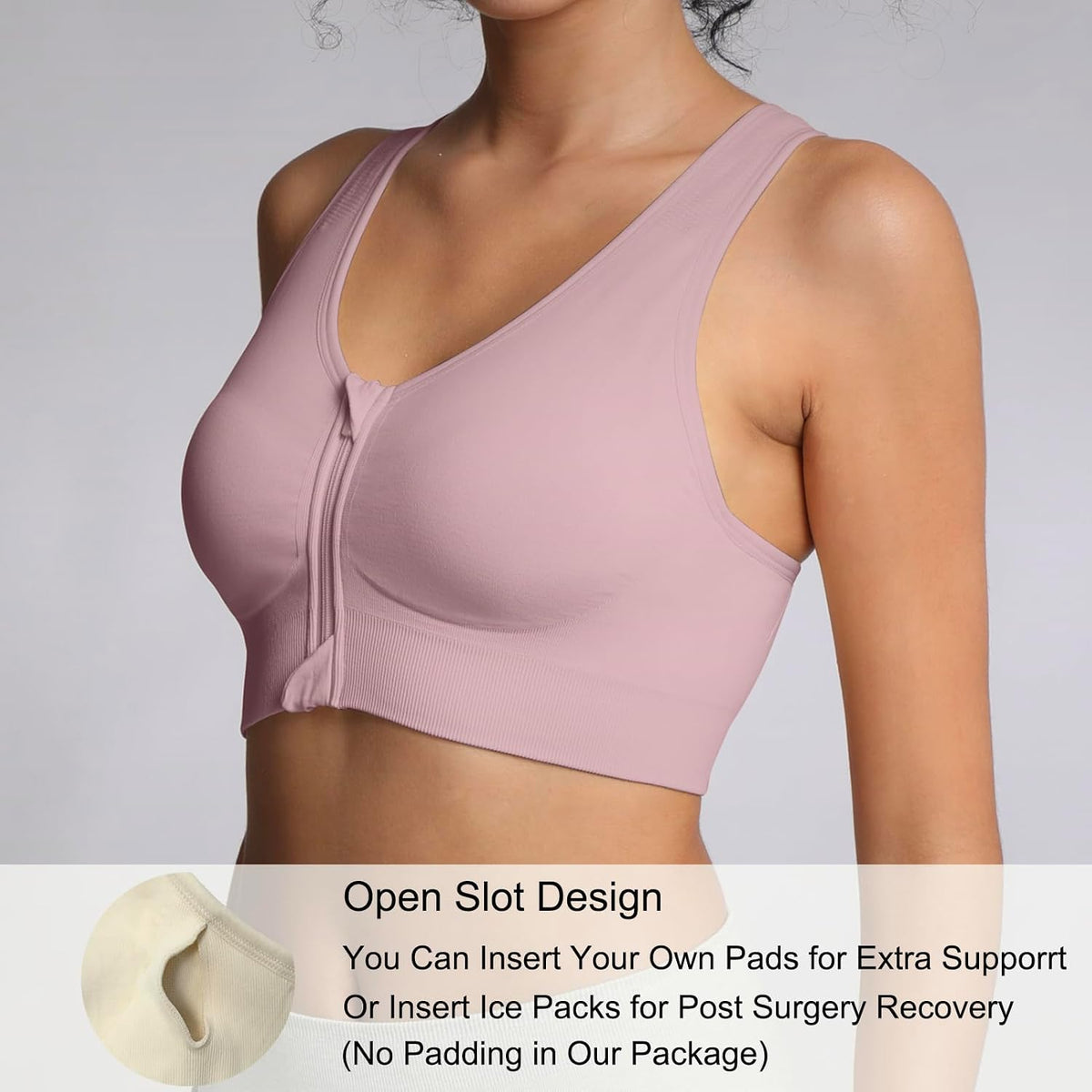 Lemef Front Zipper Sports Bras High Impack Post Op Compression Bras for Women Post Surgery Wireless Racerback Yoga Bra