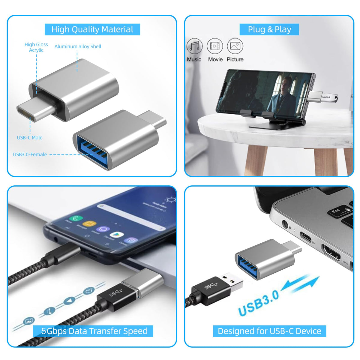 4Pack USB C to USB 3.0 Adapter(2Pack)& USB 2.0 to USB C Adapter(2Pack), 5Gbps SuperSpeed Data Transfer and Charge USB Converter Compatible with iPhone16 15 Laptop Samsung