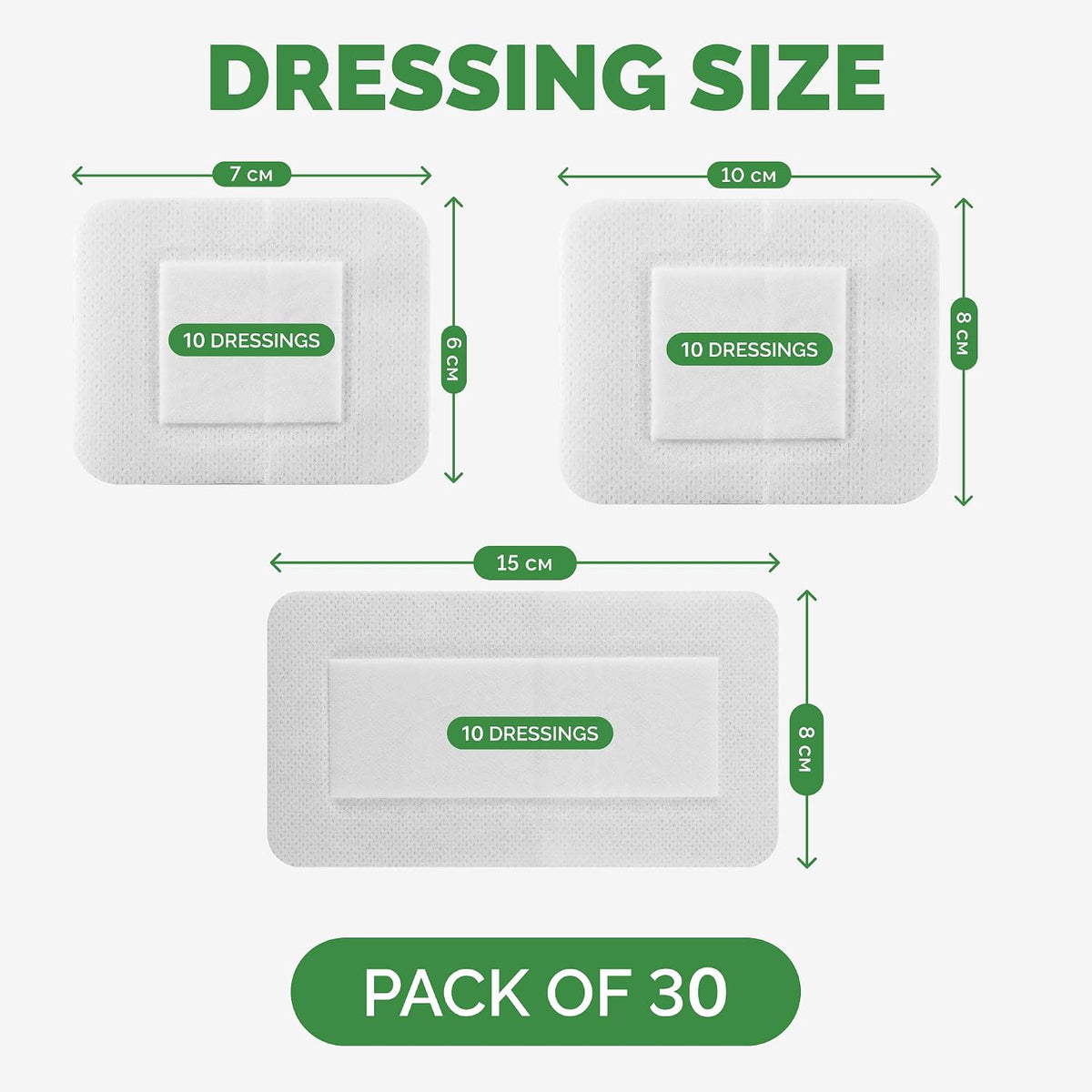 Sterile Adhesive Wound Dressings – Pack of 30 Assorted Sizes (6×7, 8×10, 8×15) – Individually Wrapped, Breathable Surgical Plasters for Post-Operative Wound Care & Medical Device Fixation