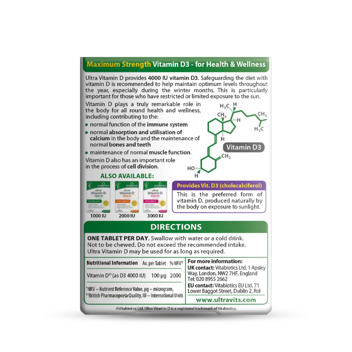 Vitabiotics Ultra Vitamin D3 1000IU, Vitamin D3 Tablets, 96 Tablets