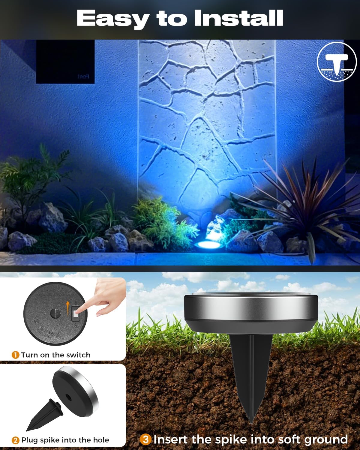 btfarm Solar Lights Outdoor Garden, 6 Pack 8 LED Solar Ground Disk Lights Outdoor IP65 Waterproof for Garden Pathway Lawn Patio Yard Landscape (Blue)