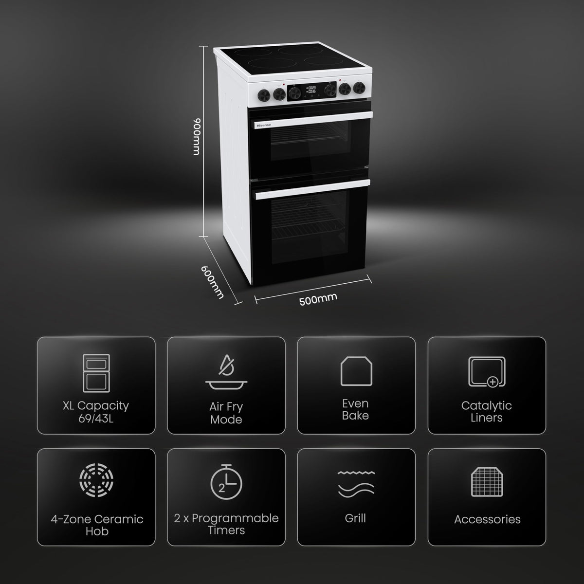Hisense HDUKC60W 60cm Electric Cooker with Ceramic Hob-White, A Rated Double Oven 50L/80L [Energy Class A]