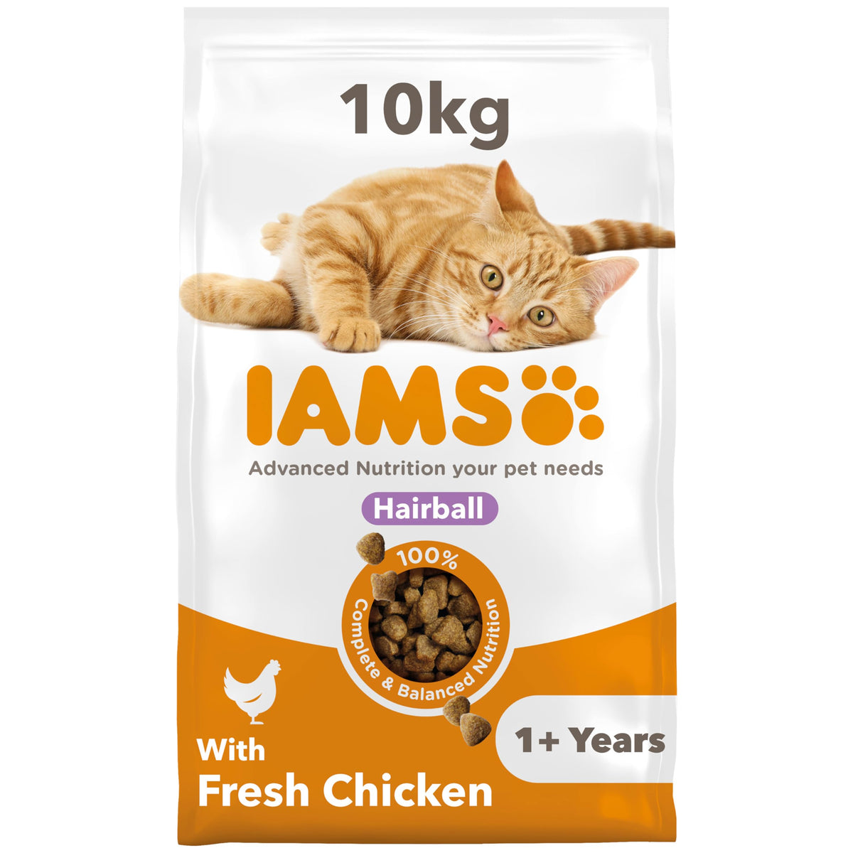 IAMS Hairball Complete Dry Cat Food Chicken 3kg - Significantly Reduces Hairball Formation