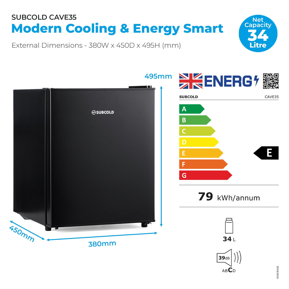 Subcold Cave35 Beer Fridge | 35L | 0-8°C | LED | Stainless Steel Door