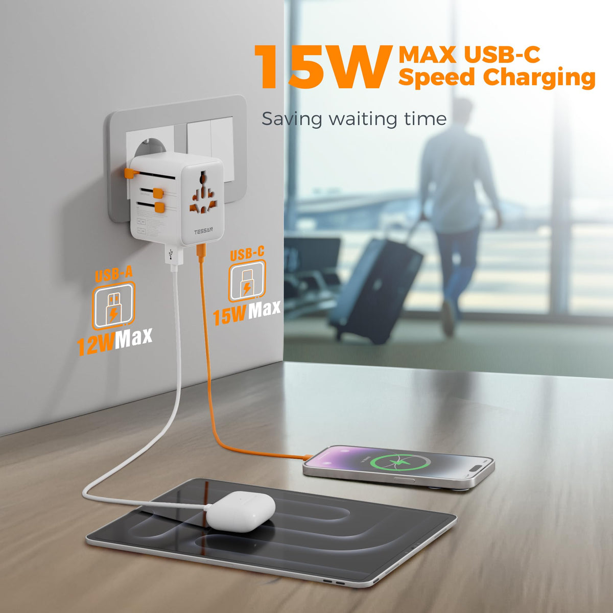 TESSAN Universal Travel Adapter, 28W Worldwide Plug with 2 USBA and 3 USBC