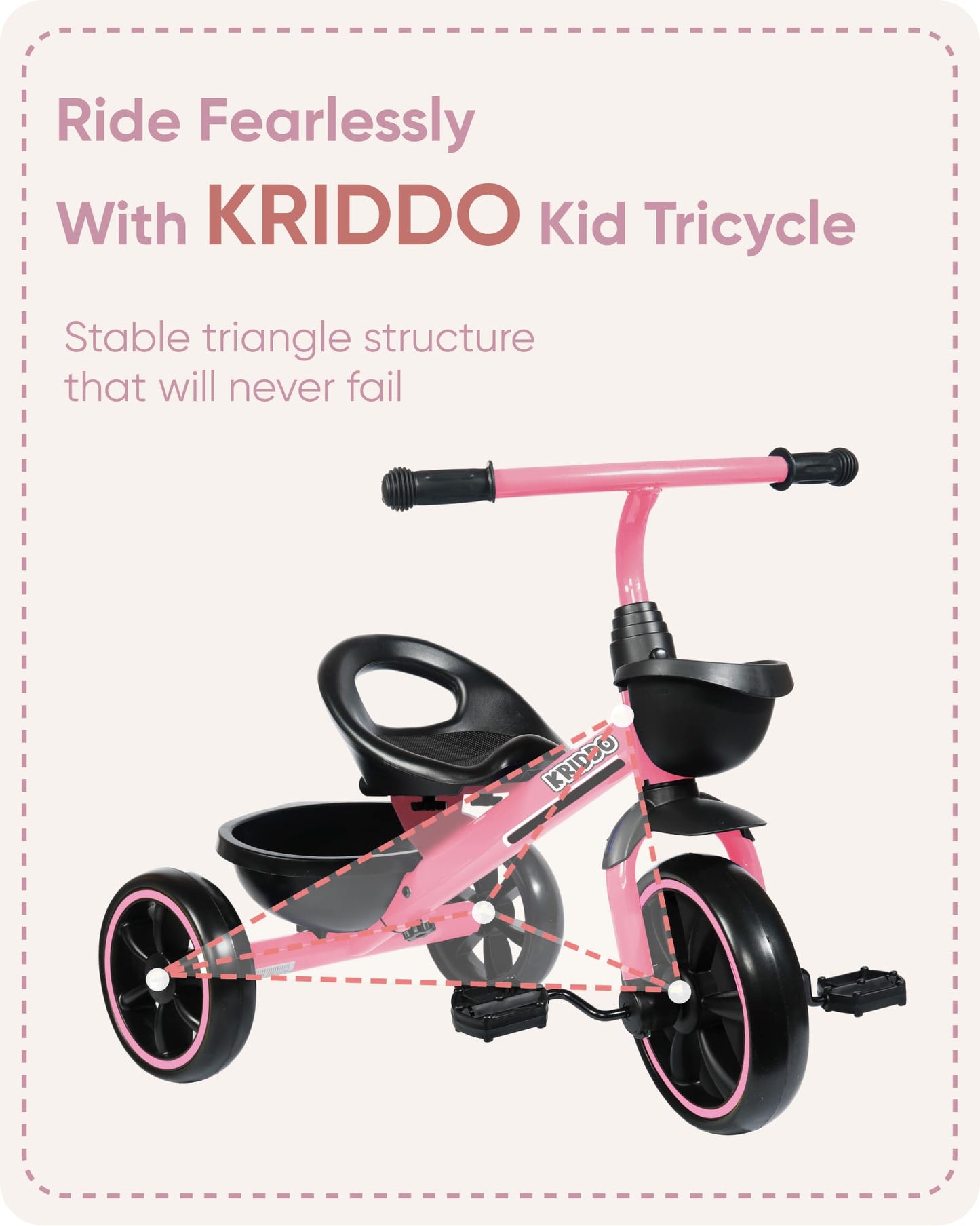 KRIDDO Toddler Tricycle — Anti-Tip Design, BPA-Free | Ages 18 Months to 4 Years | Pink