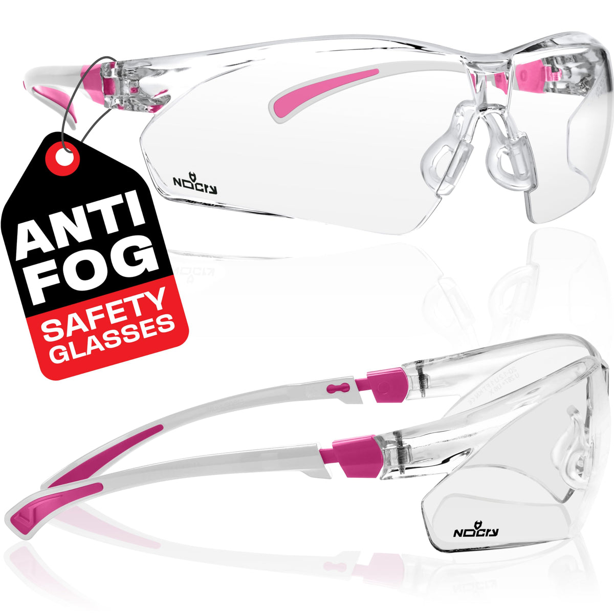 NoCry Clear Safety Glasses for Work with Anti Fog Scratch Resistant Wrap-Around Lenses and Non-Slip Grips, UV Protection. Adjustable Eye Protection Cycling and Squash Glasses with Black & Green Frames