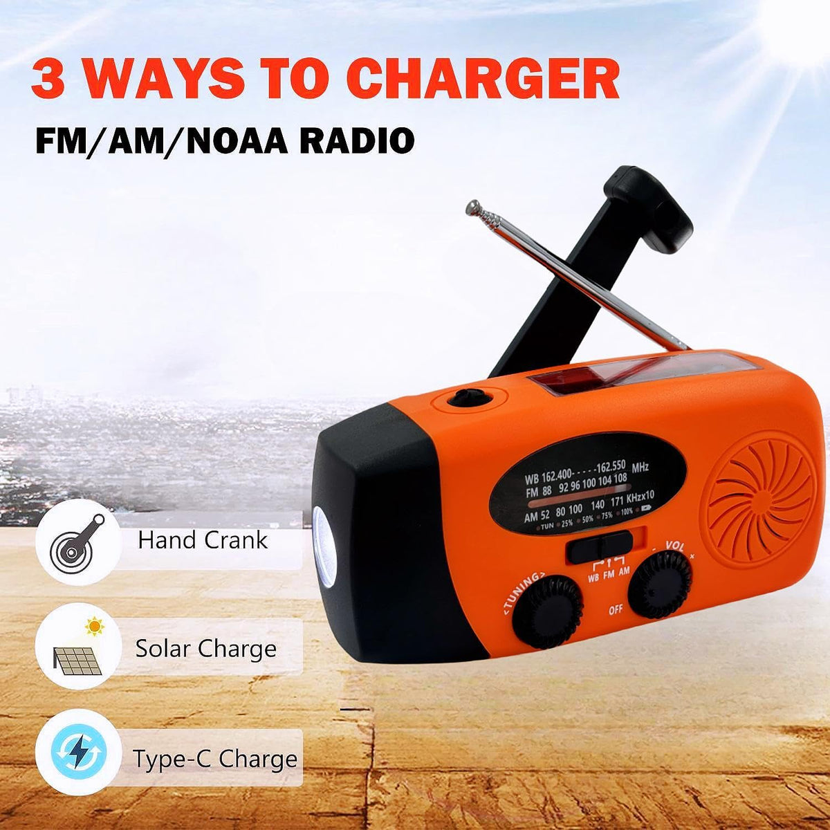 5000mAh Wind Up Solar Radio, Emergency Crank Weather Radio, FM/AM Radios