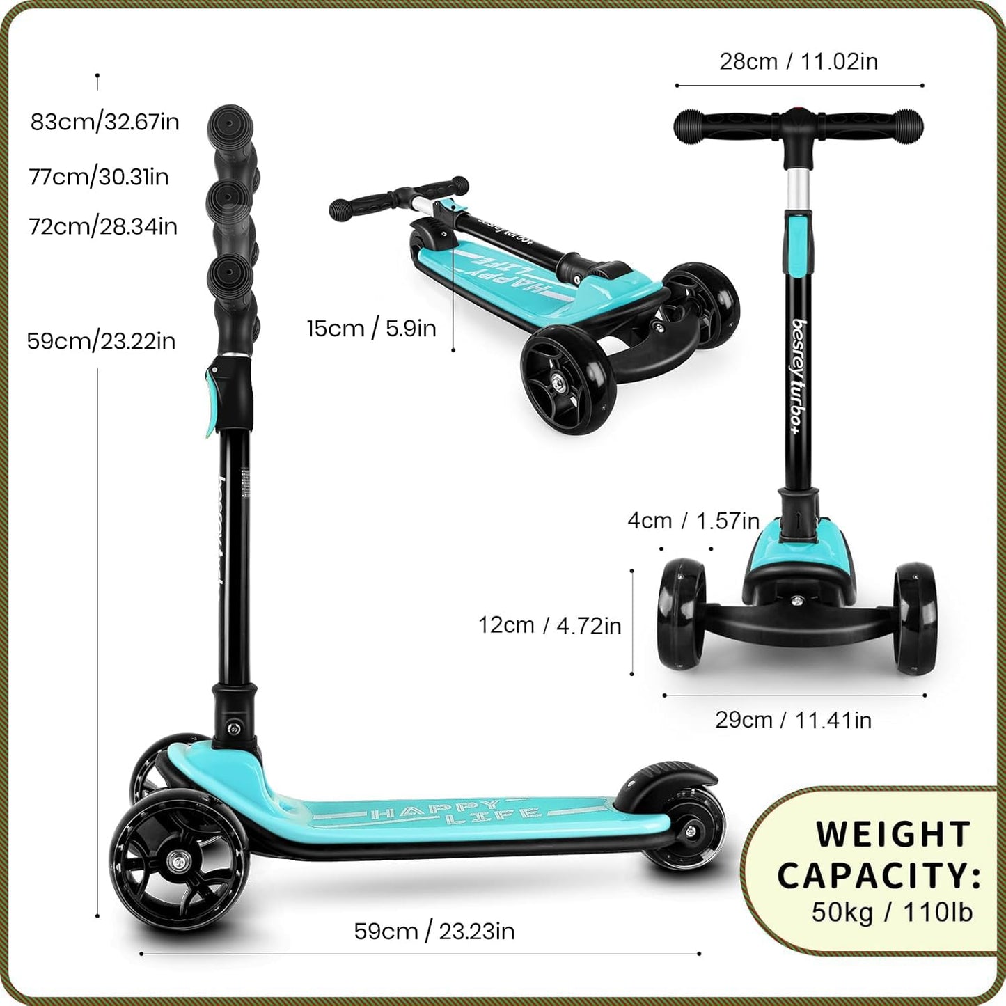 besrey 3-Wheel Toddler Scooter with Lean-to-Steer — Foldable, Anti-Slip Deck | Max 50 kg